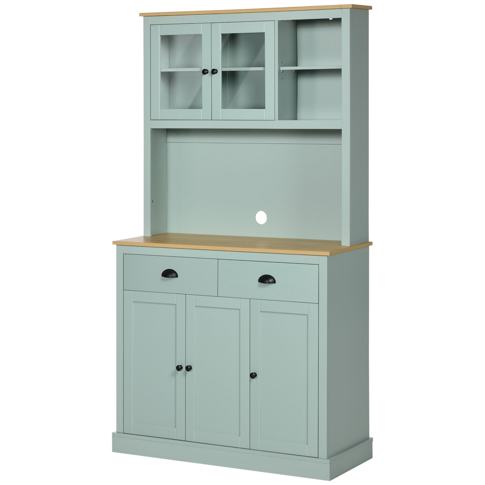 71" Freestanding Pantry Kitchen Buffet with Hutch & Glass Doors, Light Green