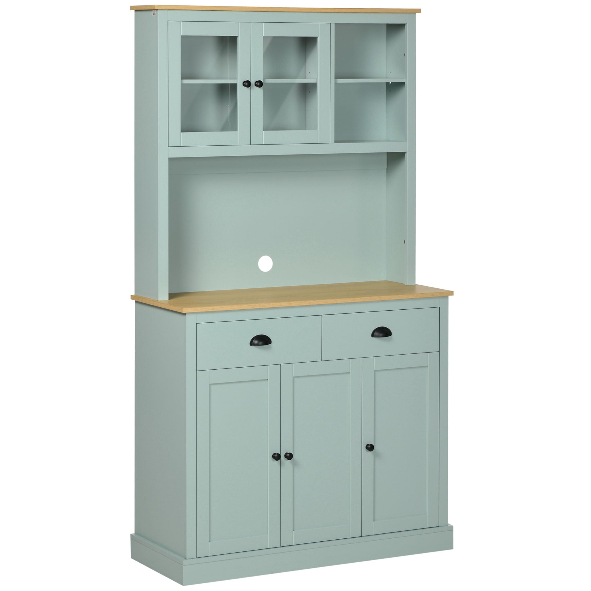 71" Freestanding Pantry Kitchen Buffet with Hutch & Glass Doors, Light Green