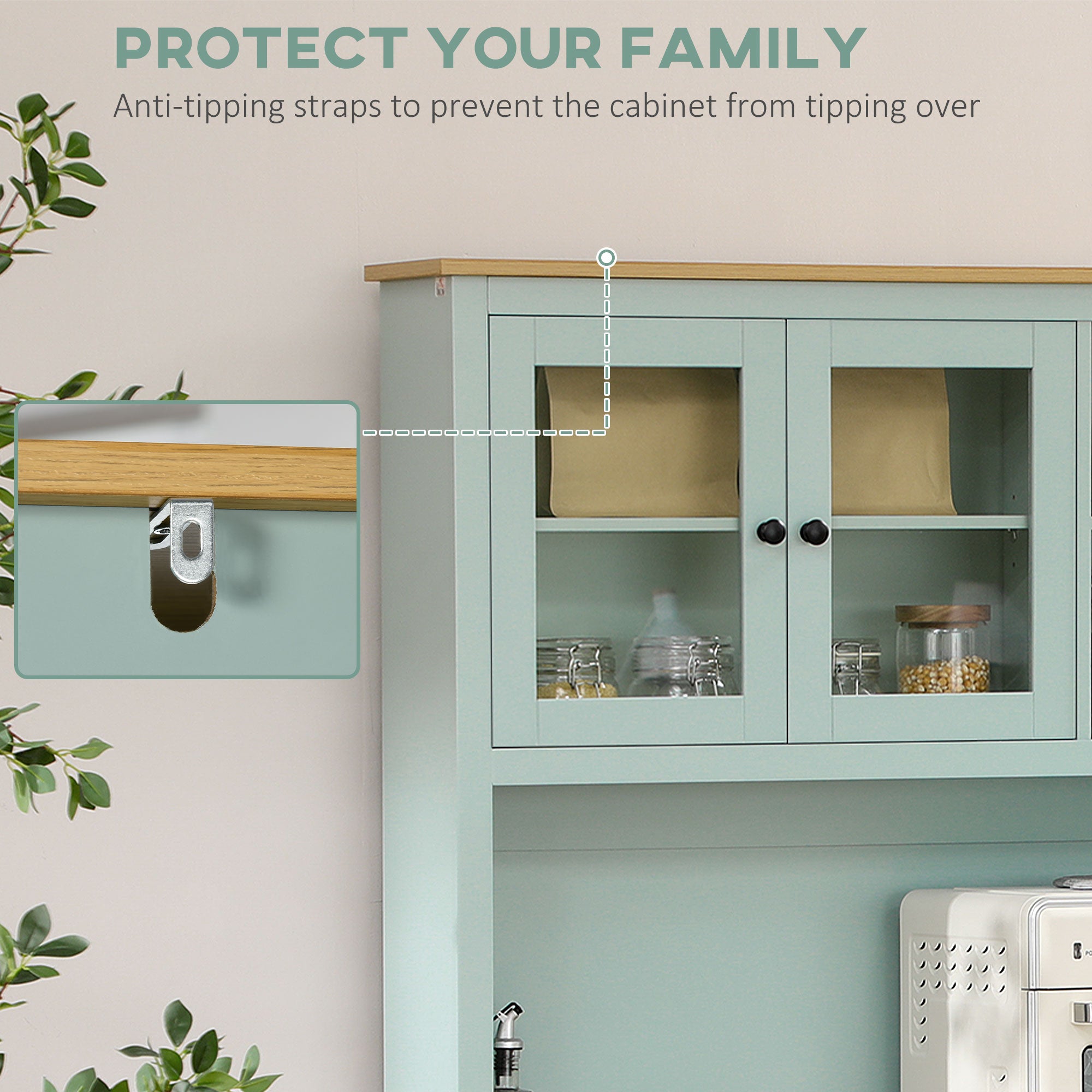 71" Freestanding Pantry Kitchen Buffet with Hutch & Glass Doors, Light Green