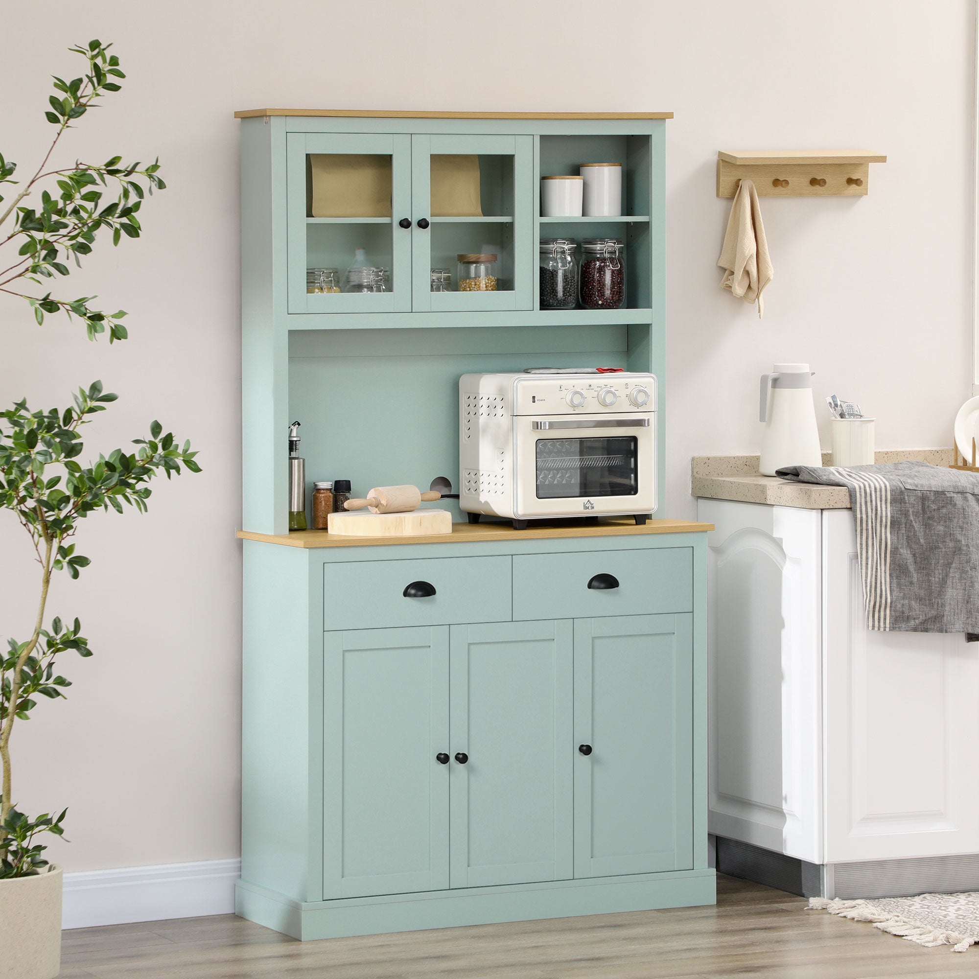 71" Freestanding Pantry Kitchen Buffet with Hutch & Glass Doors, Light Green