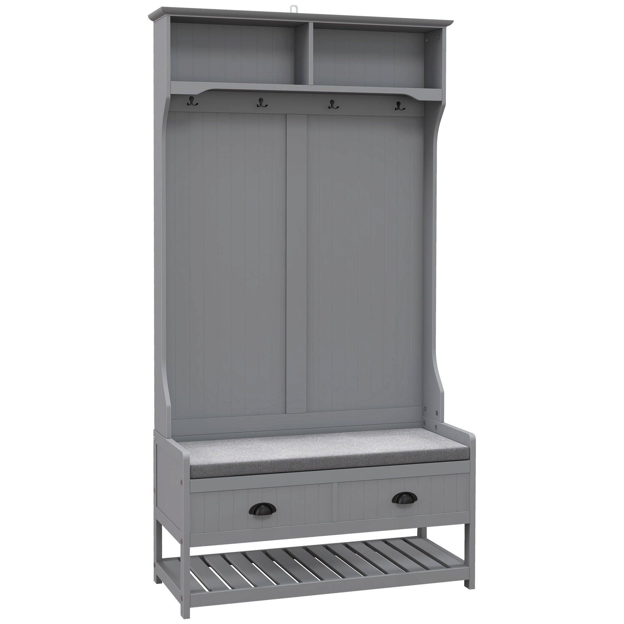 3-in-1 Hall Tree, Entryway Bench w/ Coat Rack, 2 Drawers, 4 Hooks & Padded Seat, Gray