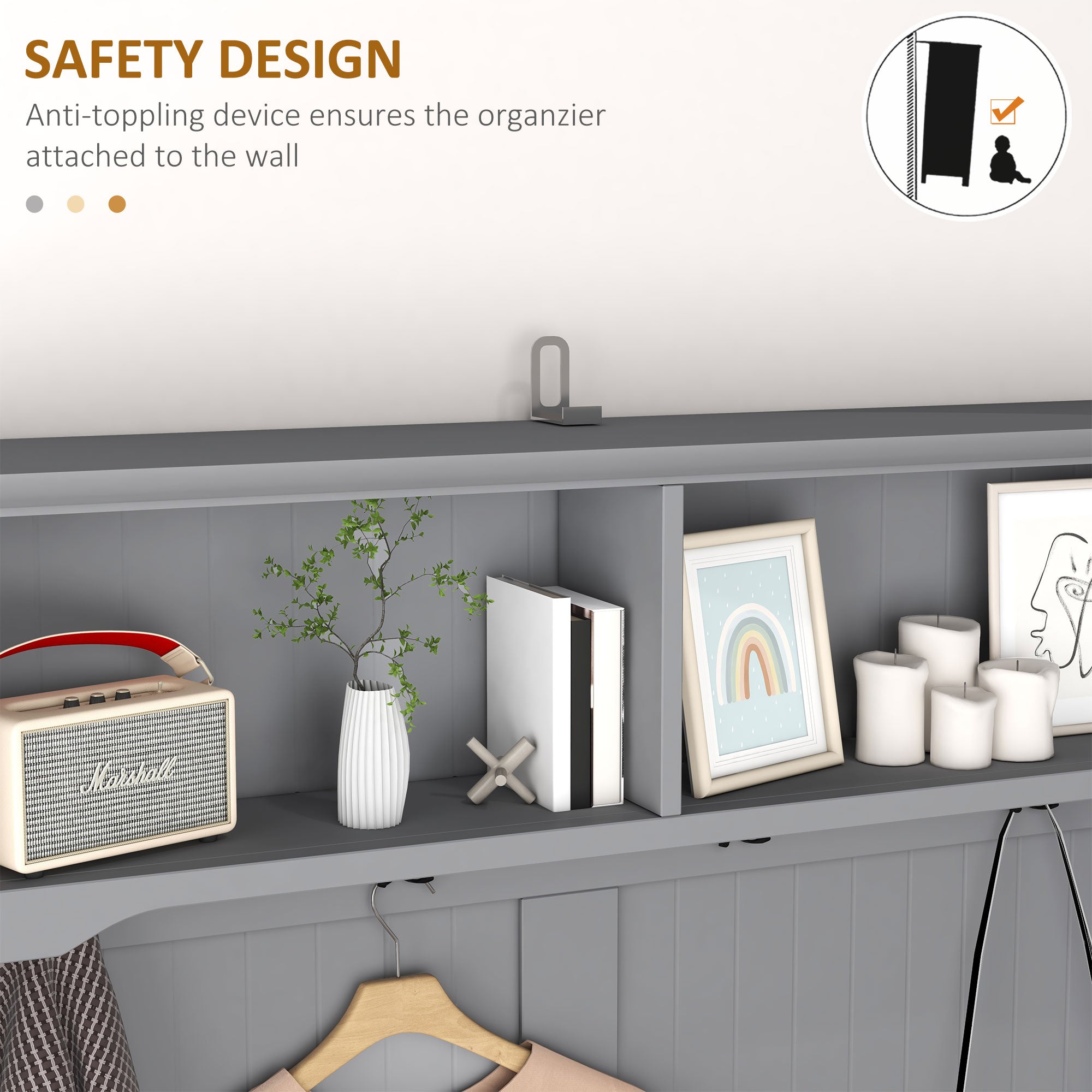 3-in-1 Hall Tree, Entryway Bench w/ Coat Rack, 2 Drawers, 4 Hooks & Padded Seat, Gray