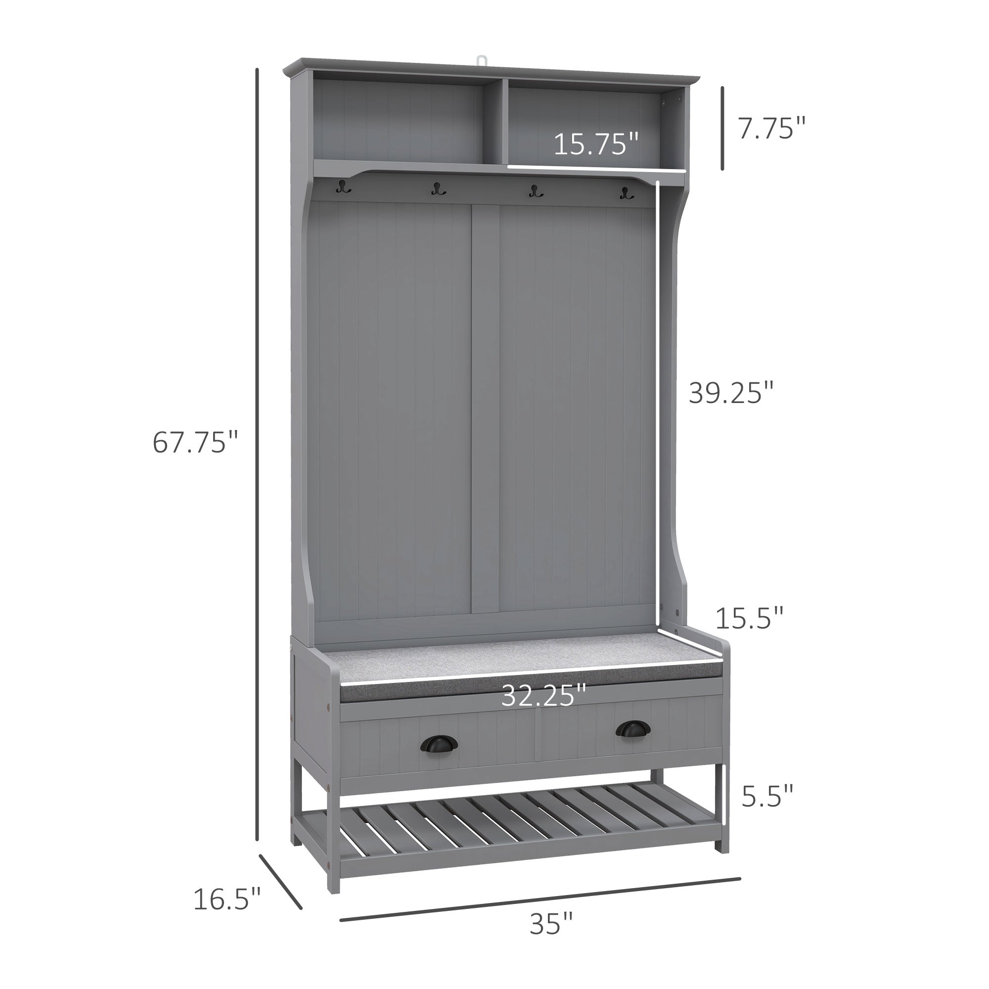 3-in-1 Hall Tree, Entryway Bench w/ Coat Rack, 2 Drawers, 4 Hooks & Padded Seat, Gray