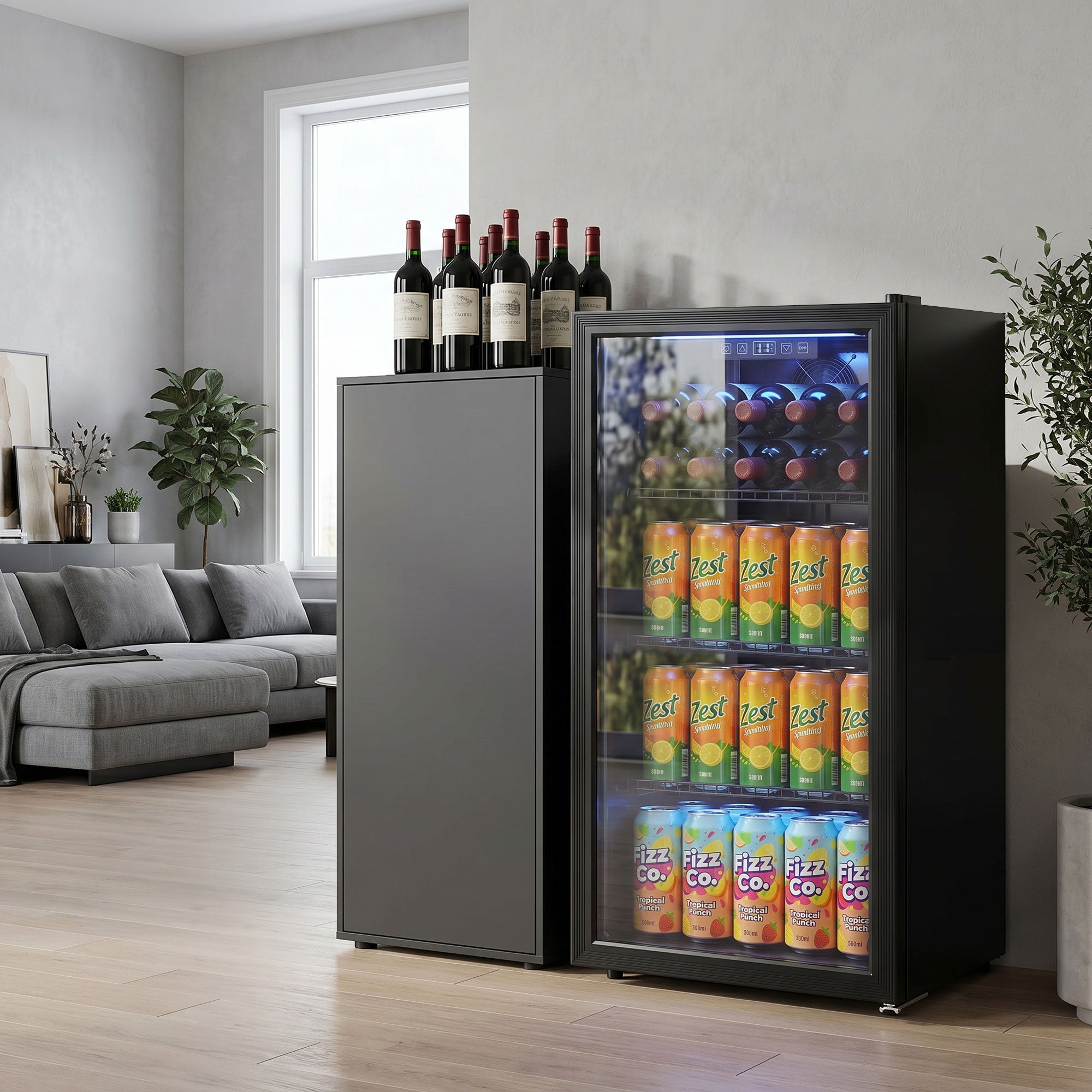 90L Drinks Fridge, 139 Can Under Counter Freestanding Beer Fridge with Double-Layer Glass Door, Wine Cooler with LED Light, Adjustable Shelves, Beverage Cooler for Soda Beer, Home Office