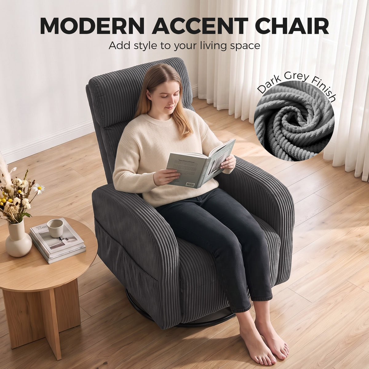 360° Swivel Accent Chair, Modern Armchair with Thick Backrest & Cushion, Corduroy Upholstered Living Room Lounge with Steel Legs for Study, Dark Grey