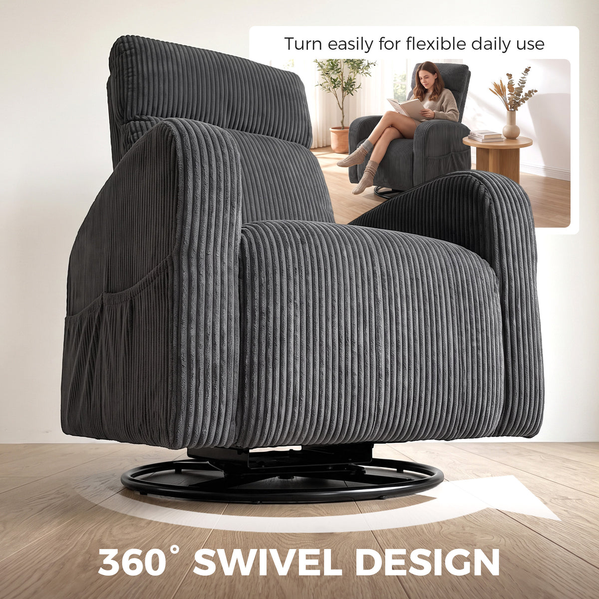 360° Swivel Accent Chair, Modern Armchair with Thick Backrest & Cushion, Corduroy Upholstered Living Room Lounge with Steel Legs for Study, Dark Grey