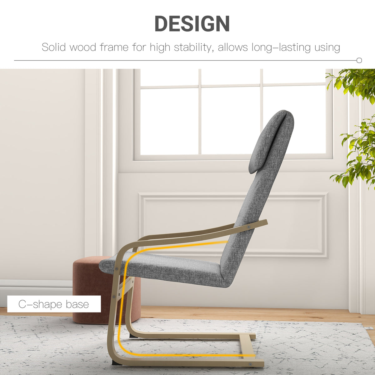 Modern Accent Chair, Linen-Feel Upholstered Living Room Chair with Wood Curved Legs and Wide Padded Seat for Balcony, Dark Grey