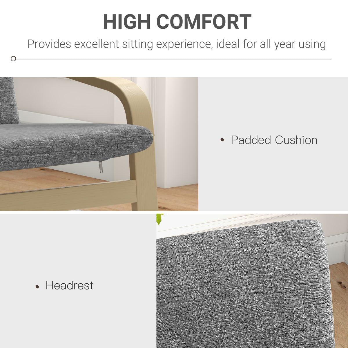 Modern Accent Chair, Linen-Feel Upholstered Living Room Chair with Wood Curved Legs and Wide Padded Seat for Balcony, Dark Grey
