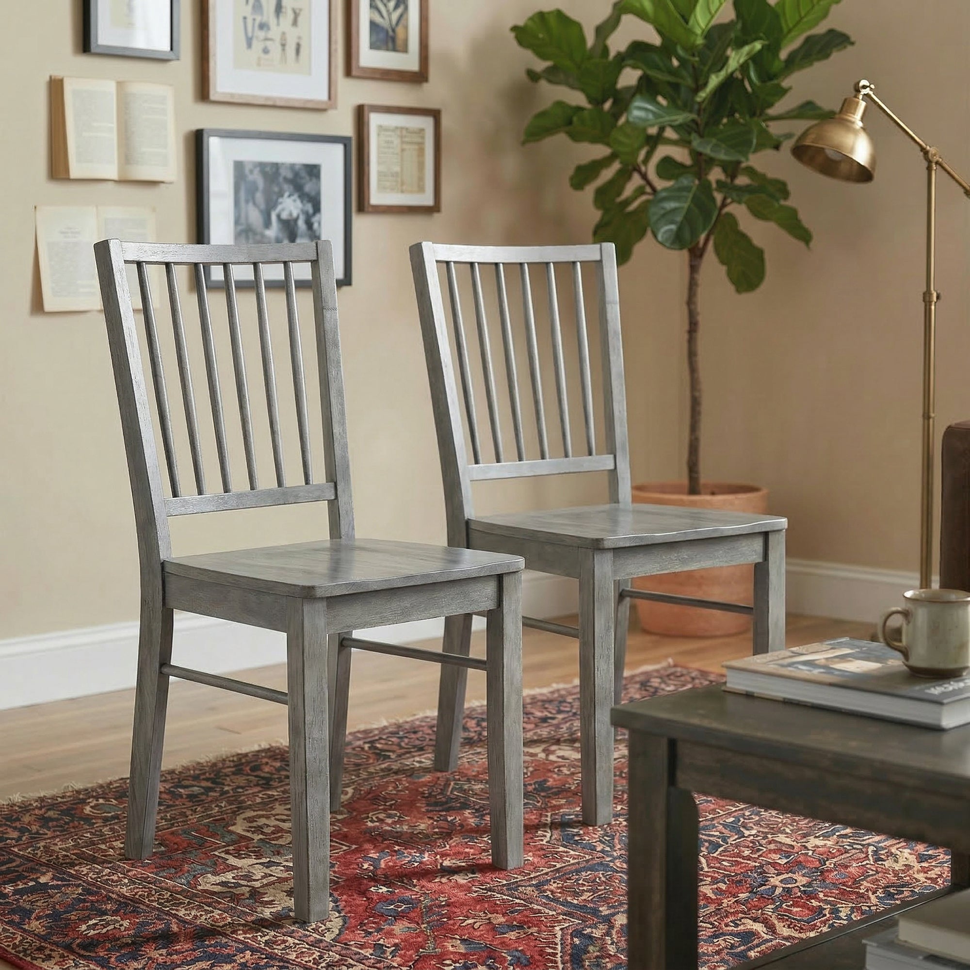 Farmhouse Dining Chairs Set of 2, Ergonomic Solid Wood Armless Kitchen Chairs with Rubberwood Legs for Dining Room, Kitchen, Rustic Gray