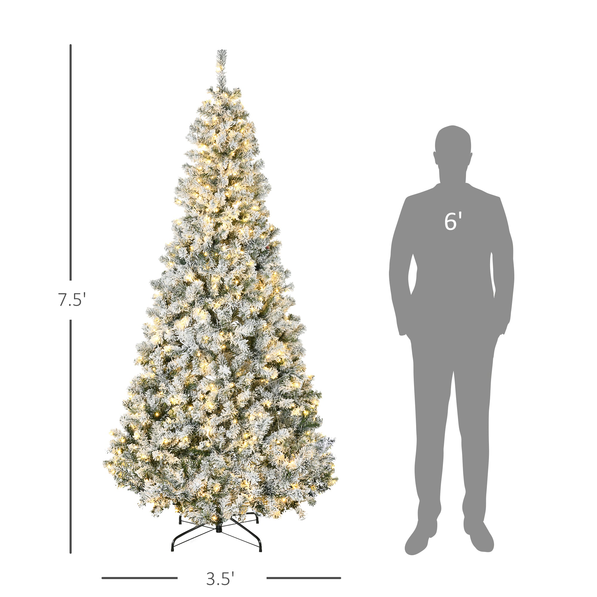 7.5ft Tall Prelit Artificial Christmas Tree Holiday Décor with 1188 Snow Flocked Branches, 500 Warm White LED Lights, Auto Open, Green