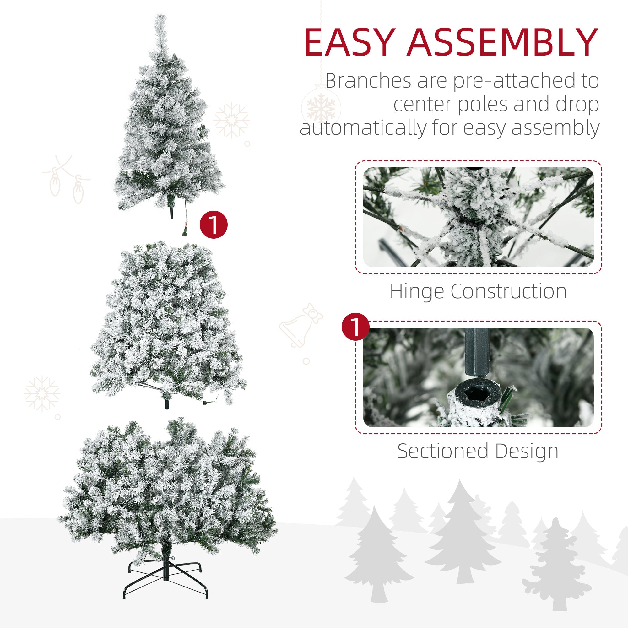 7.5ft Prelit Snow Flocked Artificial Christmas Tree, Realistic Xmas Tree with 500 Warm White LED Light and 1188 Tips, Metal Base, Auto Open, Green