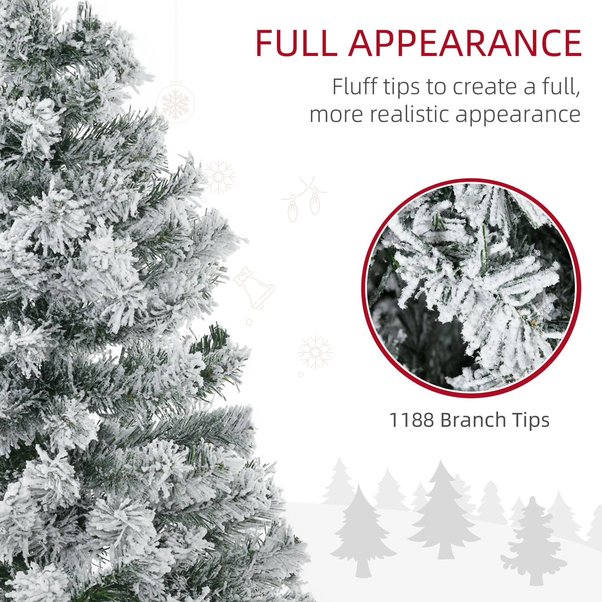 7.5ft Tall Prelit Artificial Christmas Tree Holiday Décor with 1188 Snow Flocked Branches, 500 Warm White LED Lights, Auto Open, Green