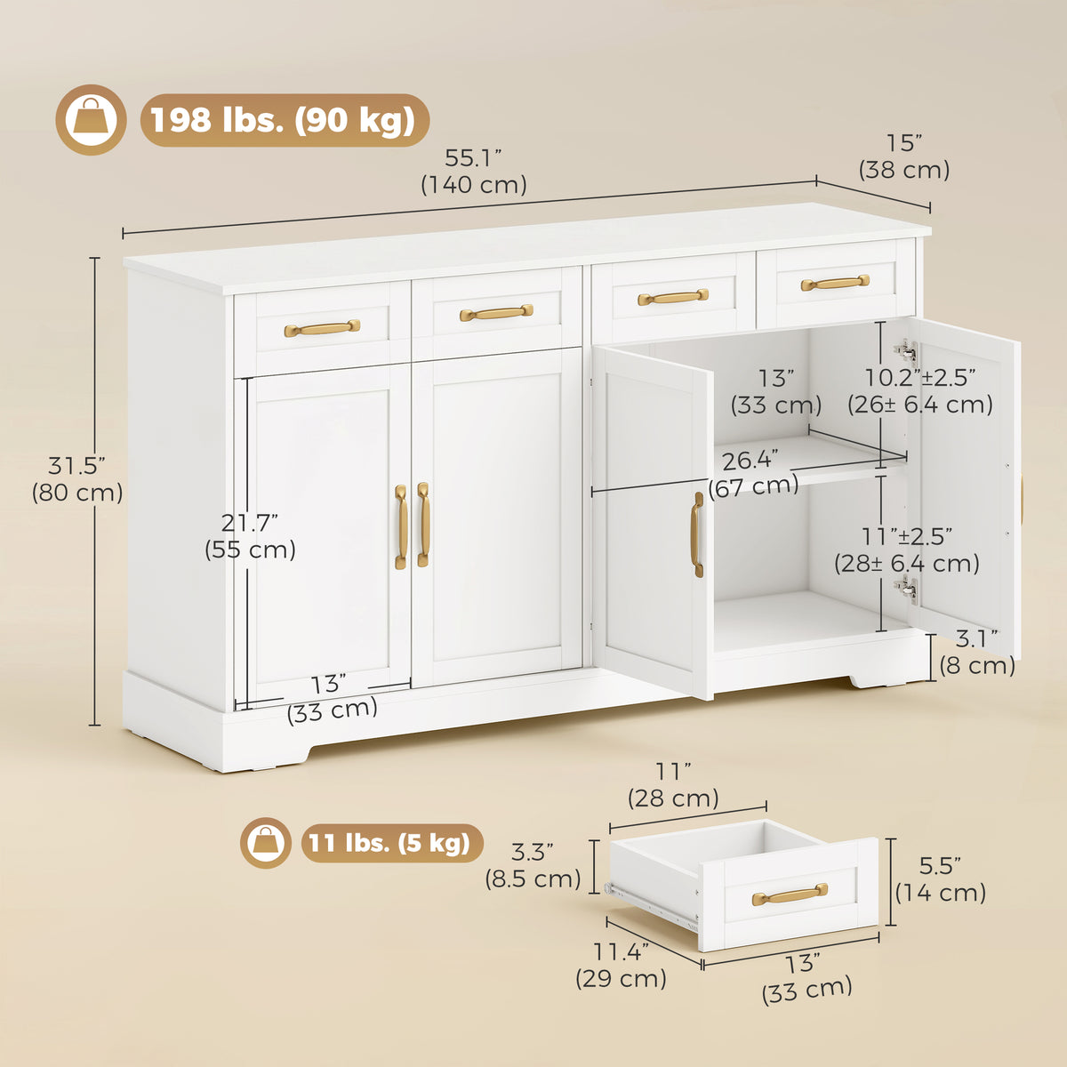 Sideboard Buffet Cabinet, 55" Modern Farmhouse Kitchen Storage Cabinet with 4 Drawers, 4 Doors and 2 Adjustable Shelves, Coffee Bar Station, White