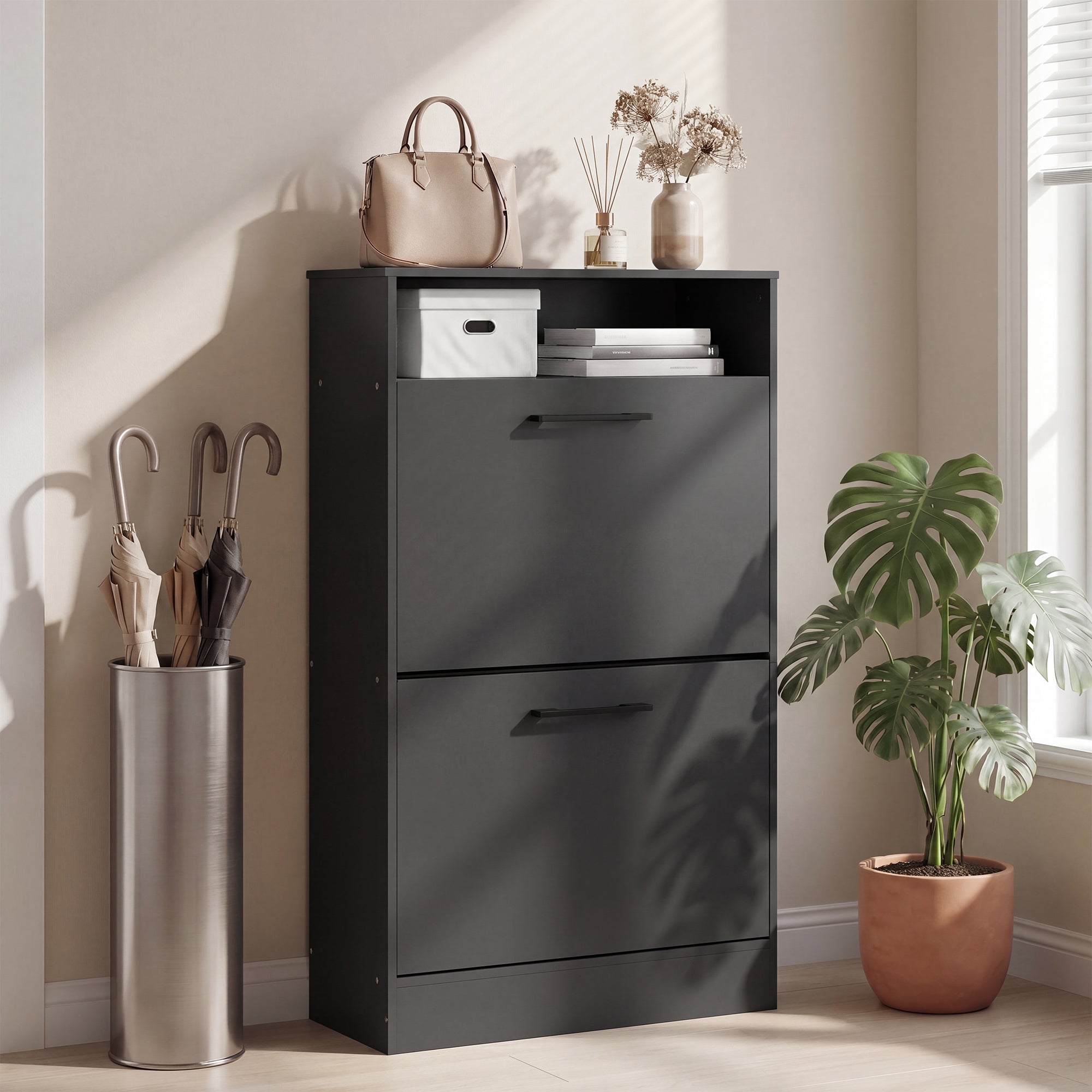Shoe Cabinet with 2 Flip Drawers and Open Shelf, Narrow Shoe Storage Cabinet with Adjustable Dividers, Entryway Shoe Storage Unit for up to 12 Pairs for Hallway, Black