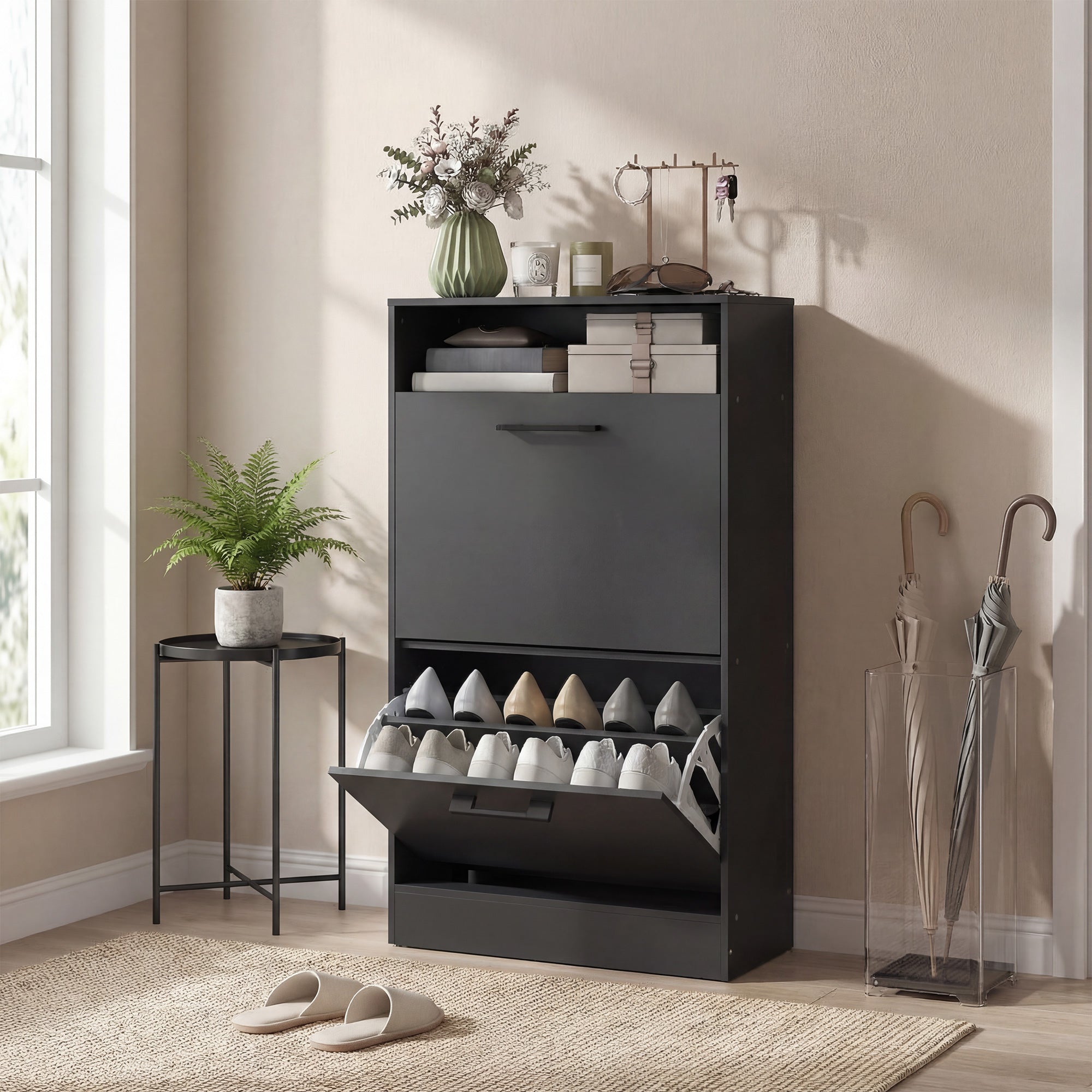 Shoe Cabinet with 2 Flip Drawers and Open Shelf, Narrow Shoe Storage Cabinet with Adjustable Dividers, Entryway Shoe Storage Unit for up to 12 Pairs for Hallway, Black