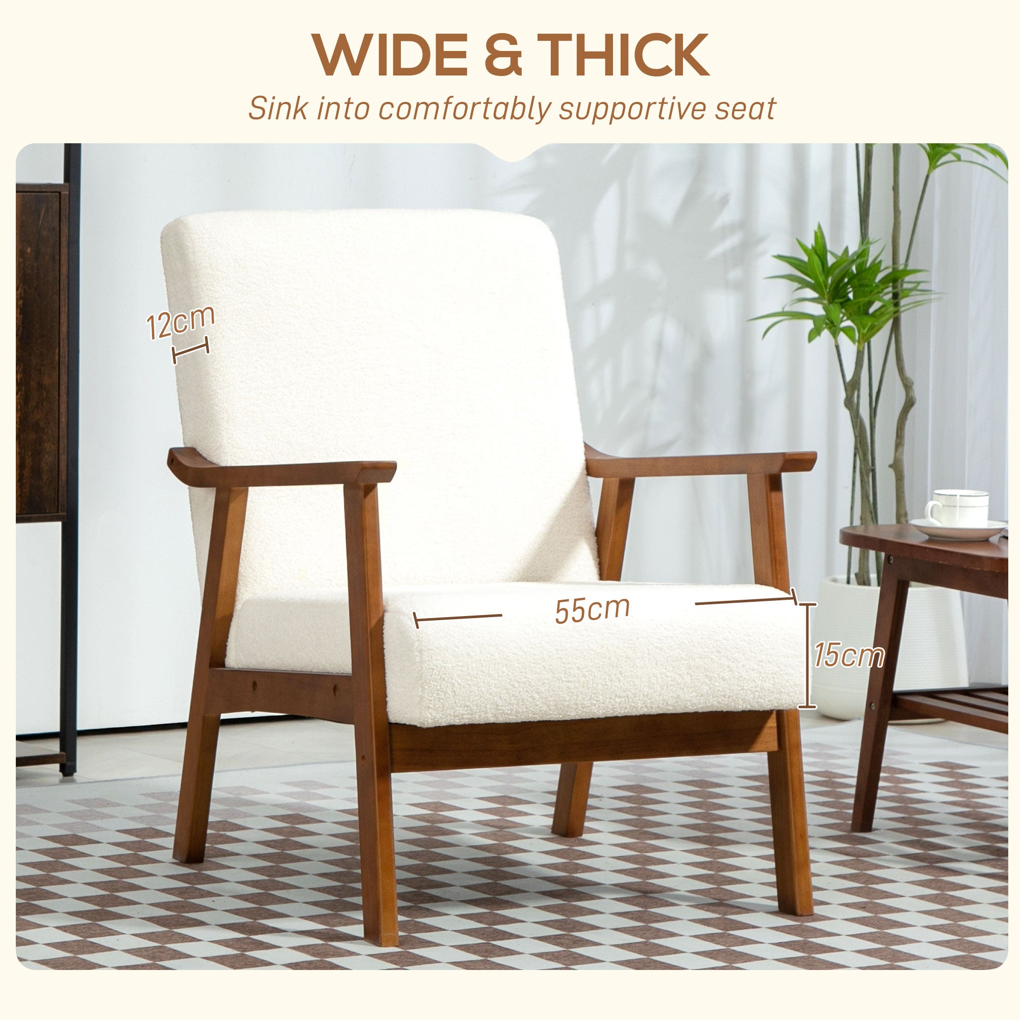 HOMCOM Armchair with Wide Seat, Boucle Accent Chair, Thick Padded Occasional Chair with Solid Wood Frame for Living Room Bedroom Home Office Reception Balcony, White