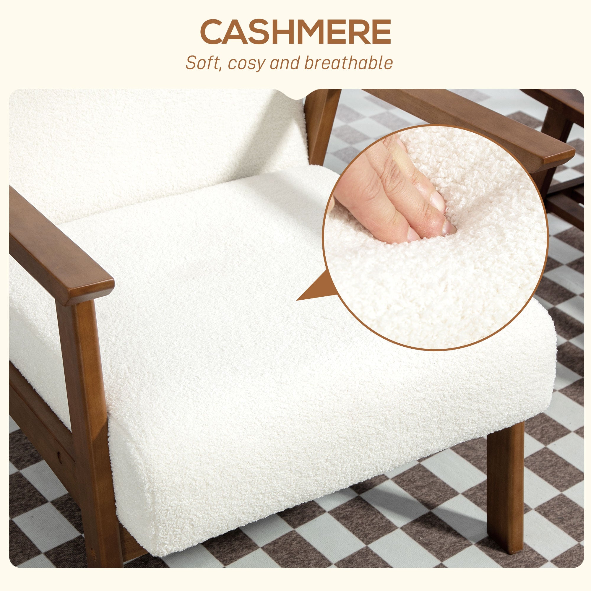 HOMCOM Armchair with Wide Seat, Boucle Accent Chair, Thick Padded Occasional Chair with Solid Wood Frame for Living Room Bedroom Home Office Reception Balcony, White