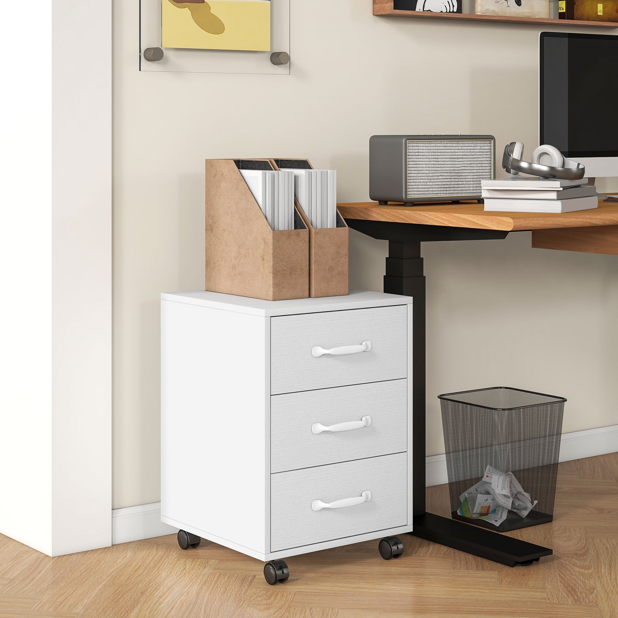 HOMCOM Mobile Filing Cabinet with 3 Drawers, Under Desk File Cabinet, White