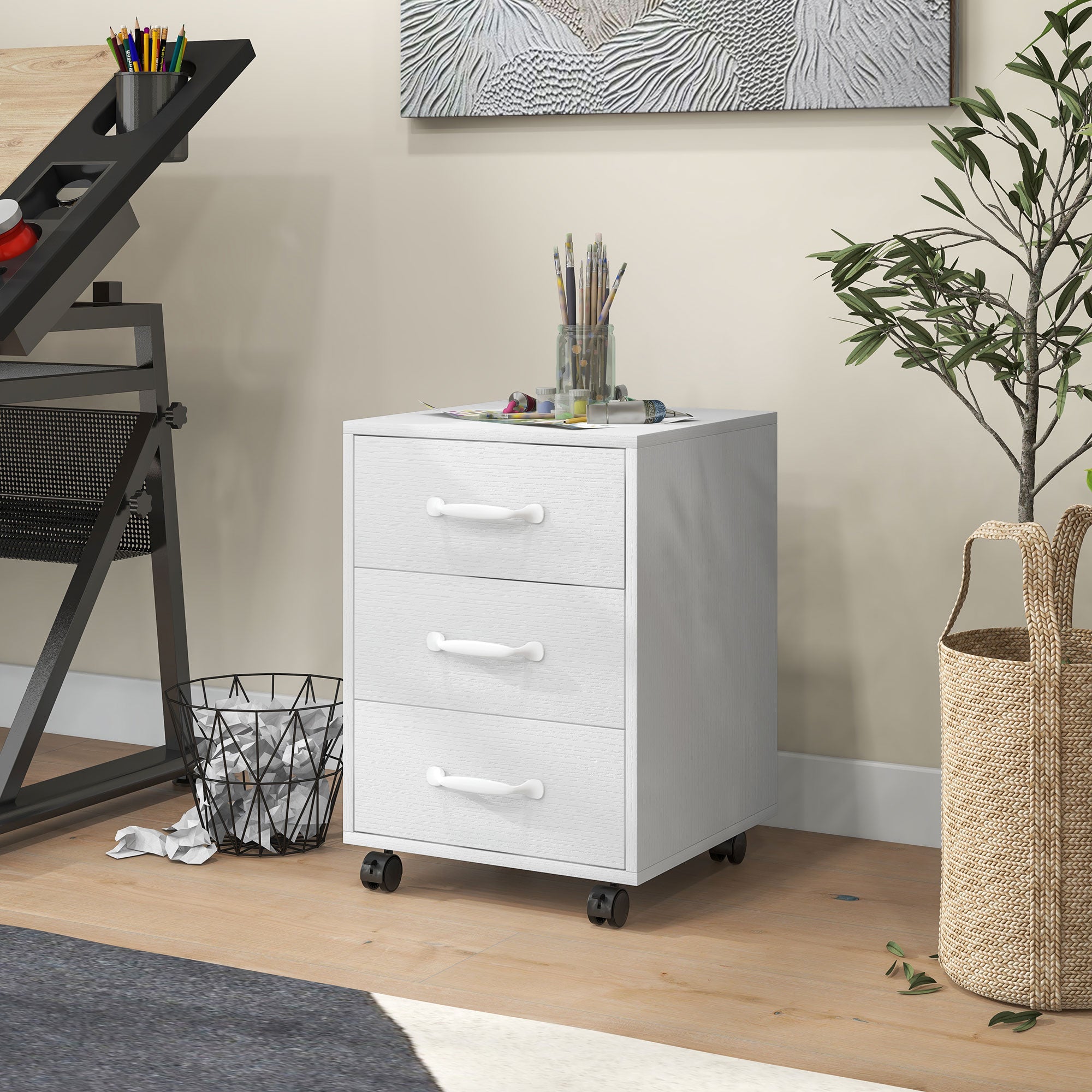 HOMCOM Mobile Filing Cabinet with 3 Drawers, Under Desk File Cabinet, White