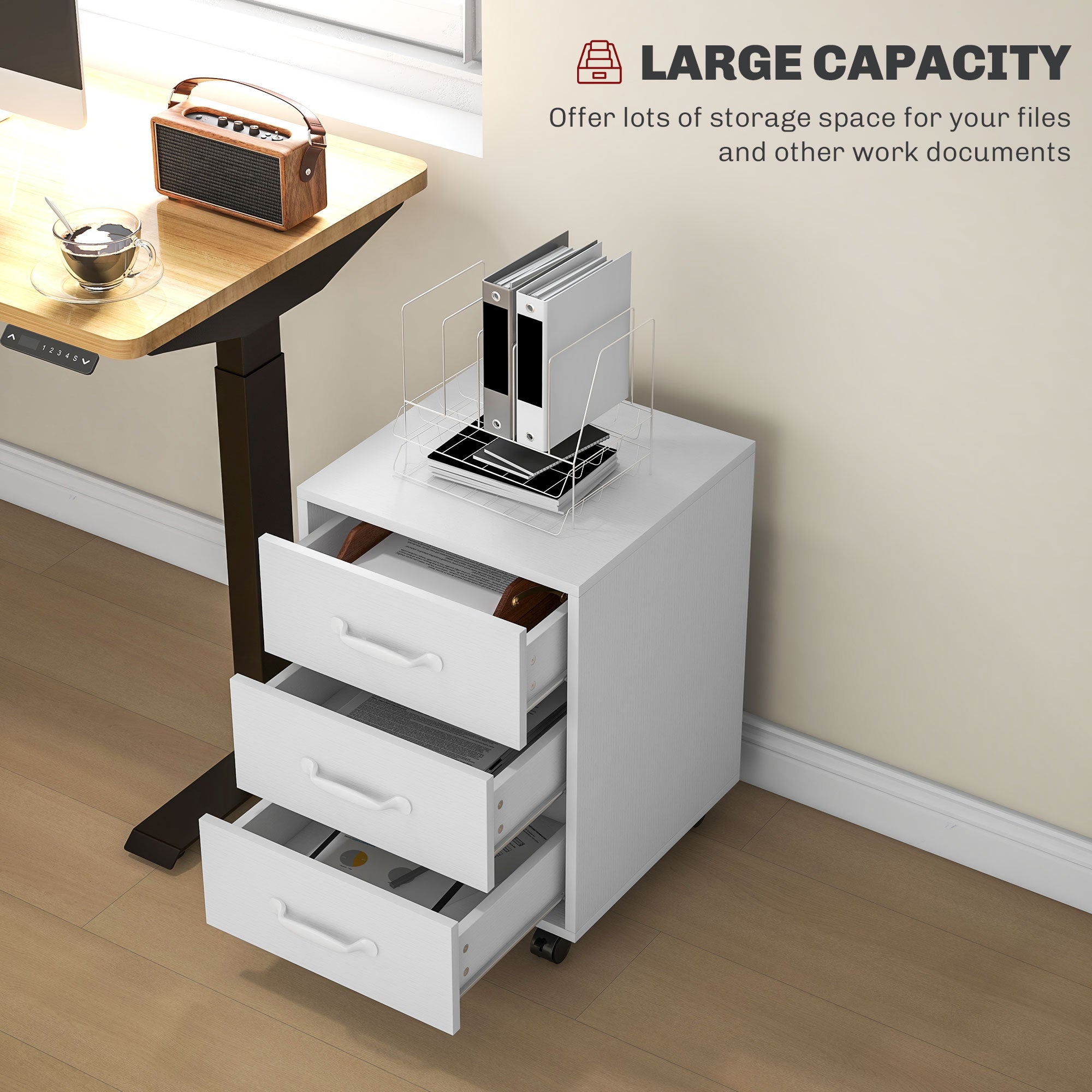 HOMCOM Mobile Filing Cabinet with 3 Drawers, Under Desk File Cabinet, White