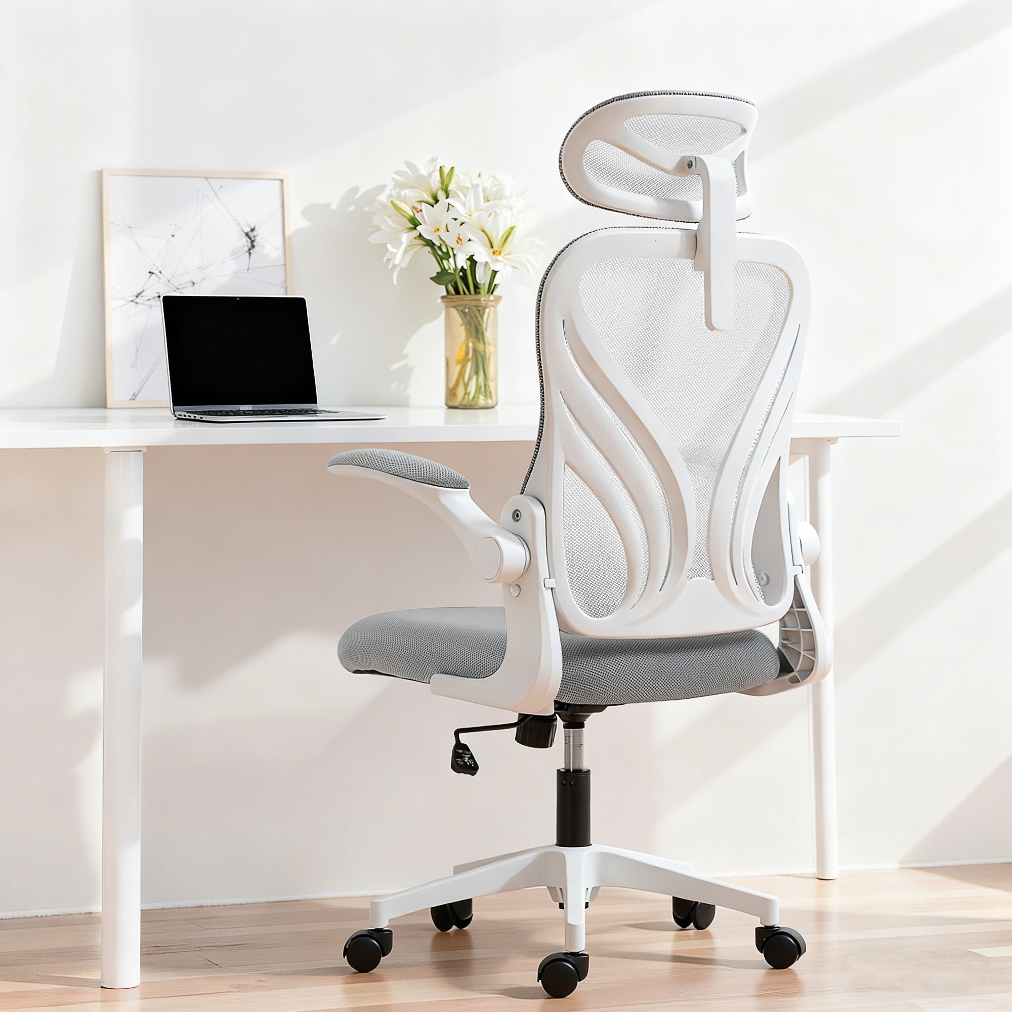 Ergonomic Office Chair, High Back Mesh Desk Chair with Foldable Backrest, 2D Headrest, Flip-up Armrest, Lumbar Support, Tilt Function, Swivel Wheels for Home Office, Light Grey