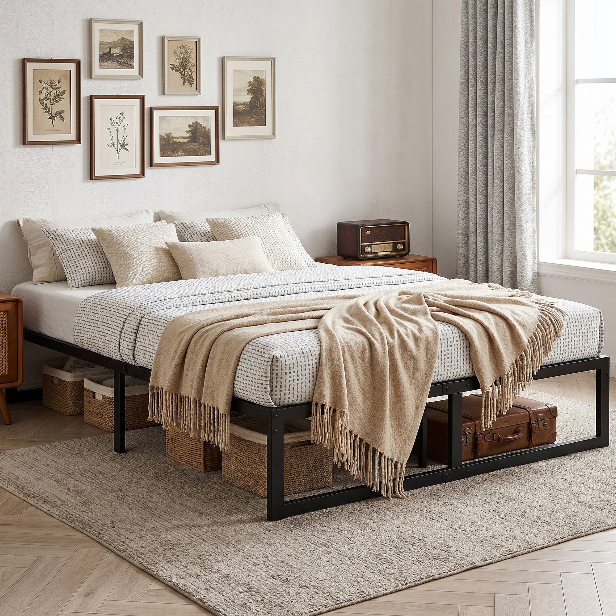 4ft6 Double Bed Frame with Underbed Storage, 32.5 cm Height, Metal Platform Bed Frame with Steel Slat Support, Noise-Free, Easy Assembly, Black
