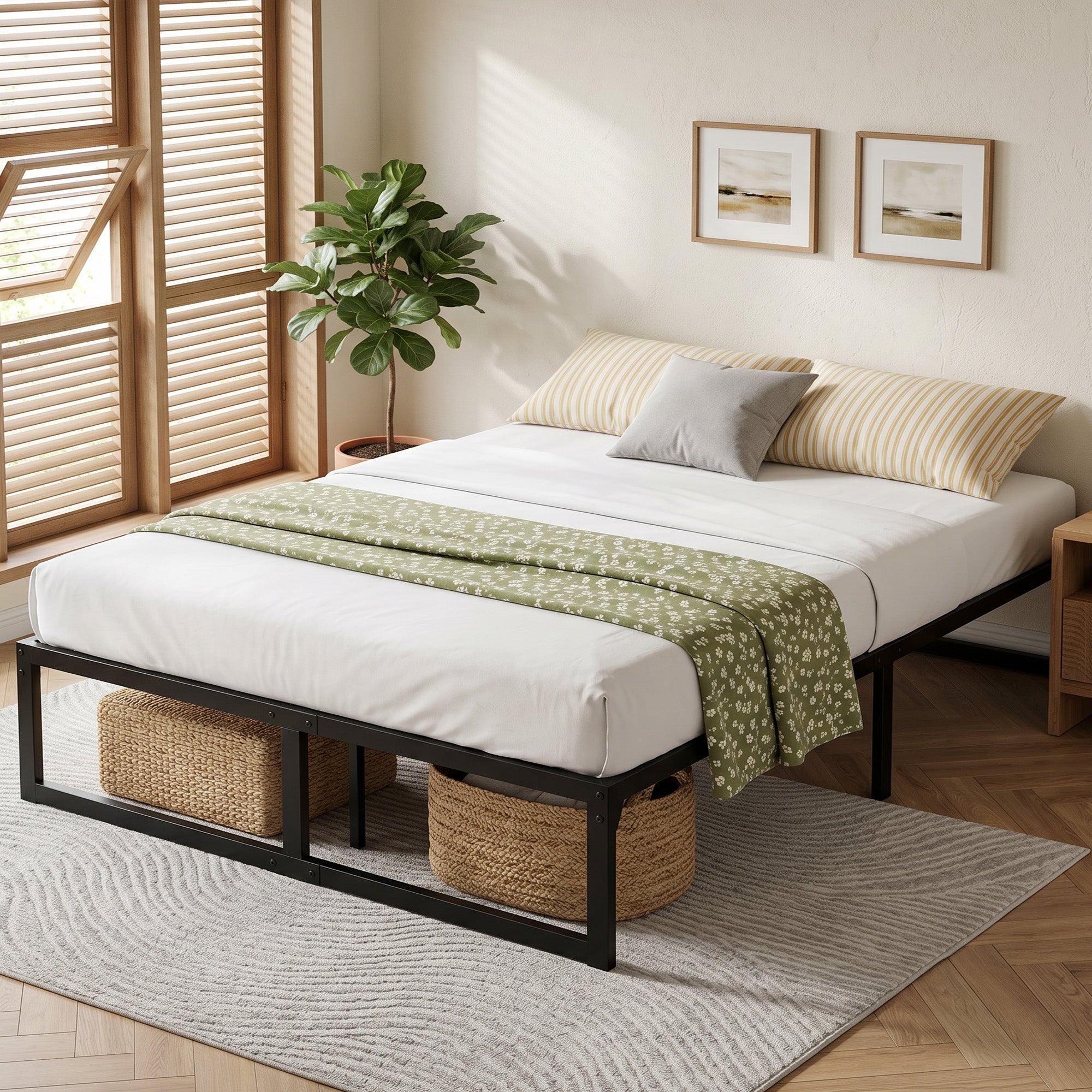 4ft6 Double Bed Frame with Underbed Storage, 32.5 cm Height, Metal Platform Bed Frame with Steel Slat Support, Noise-Free, Easy Assembly, Black