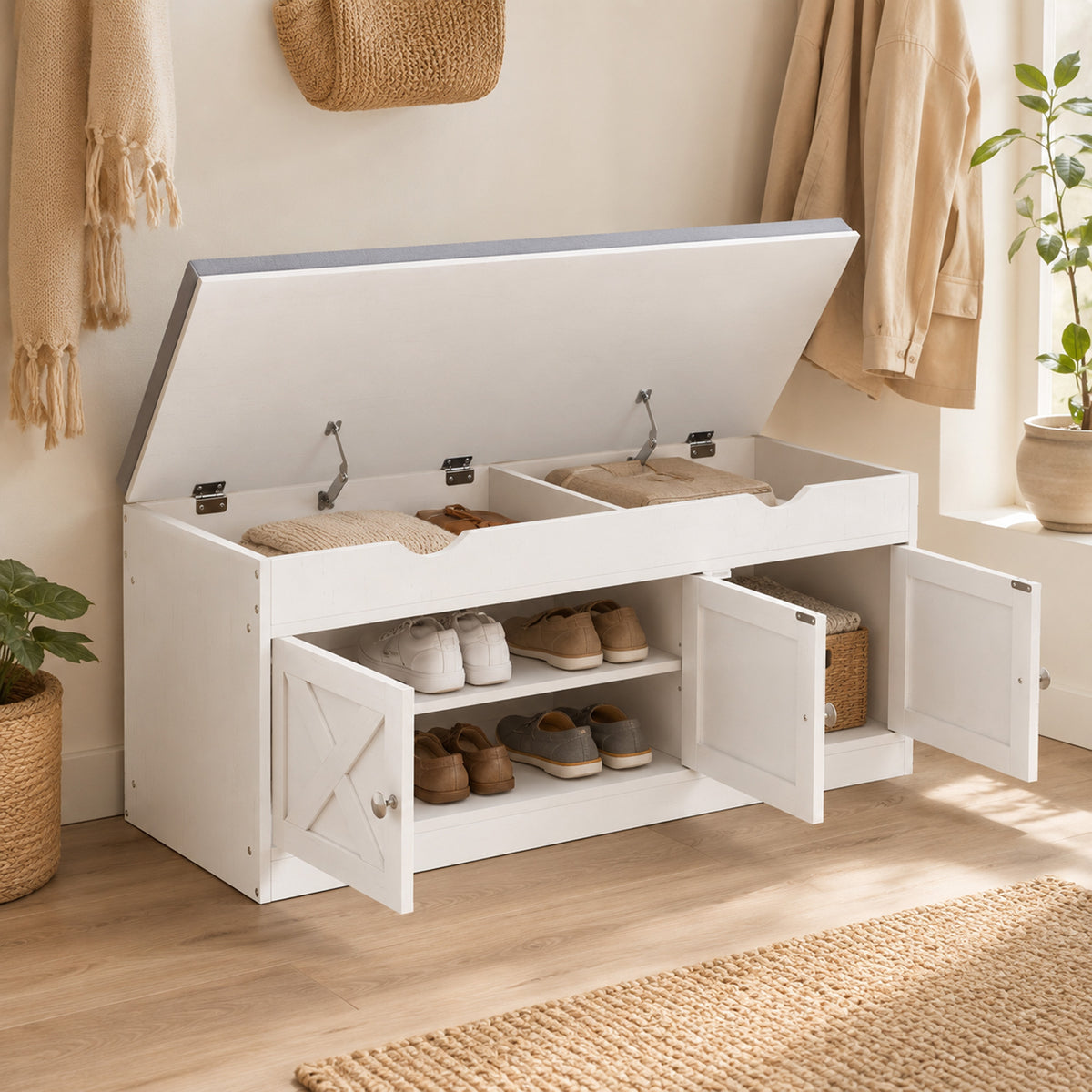 Shoe Bench with Padded Cushion, Farmhouse Entryway Bench with Adjustable Shelves, 3 Shoe Cabinets for Entryway, Hallway, White Wood Grain