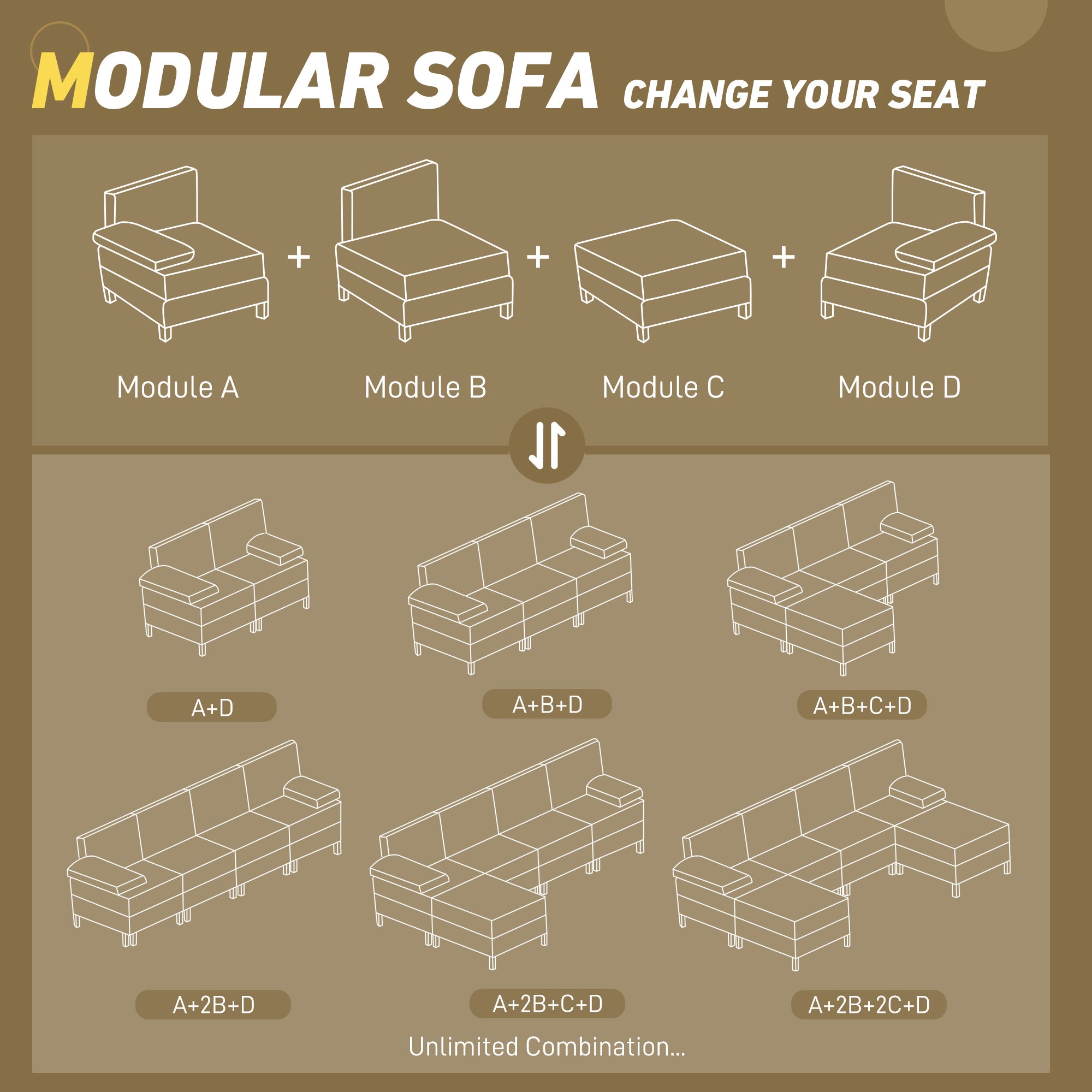 Accent Chair Middle Module for Modular Sectional Sofa Cream