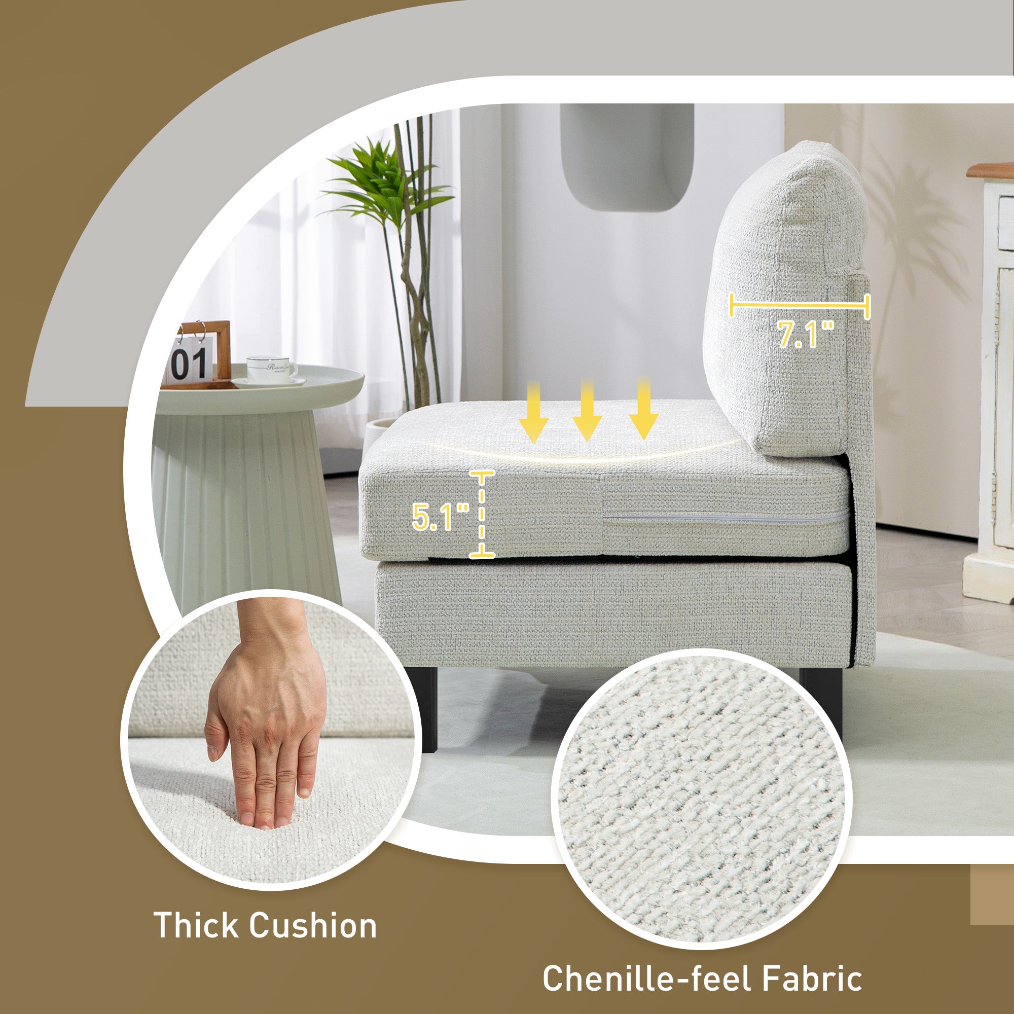 Accent Chair Middle Module for Modular Sectional Sofa Cream