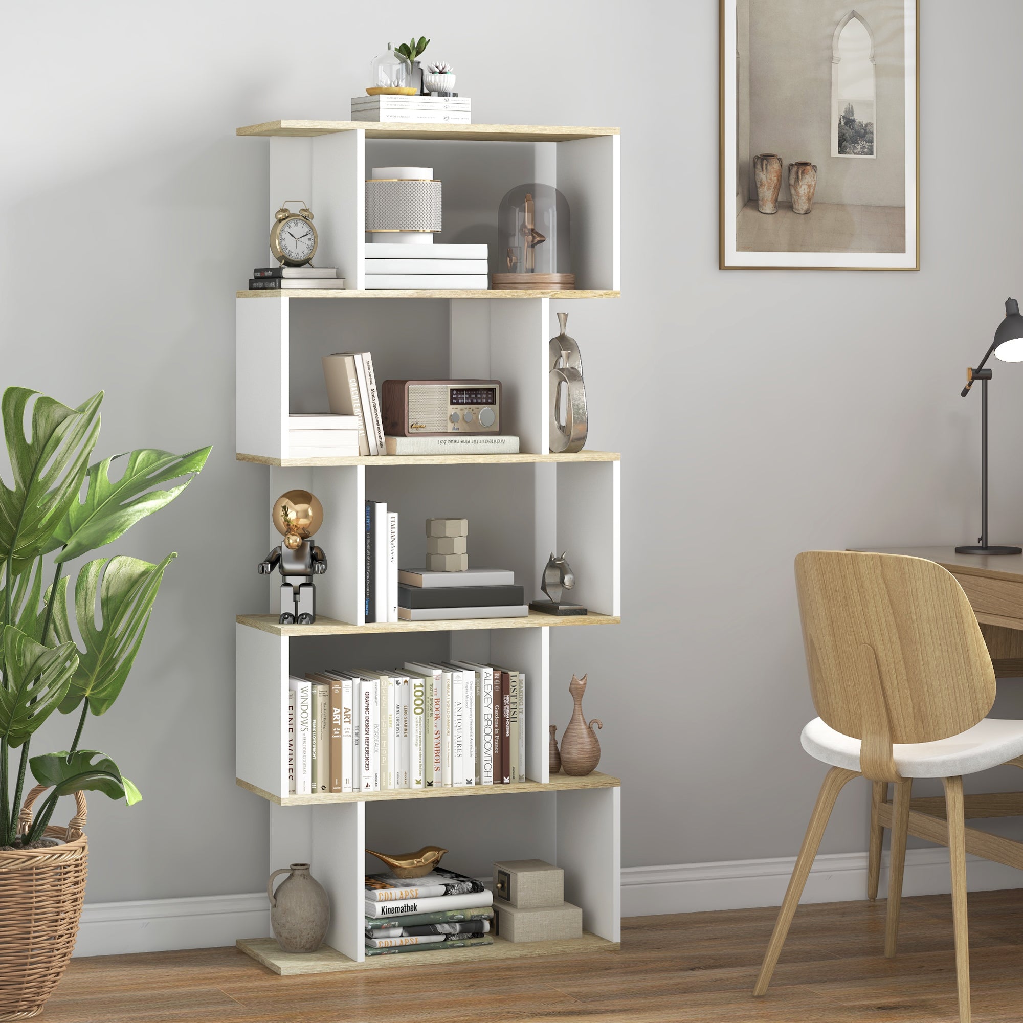 5-Tier Bookshelf, Geometric S Shaped Bookcase, Tall Narrow Display Shelf for for Living Room, Study Room, Home Office, White