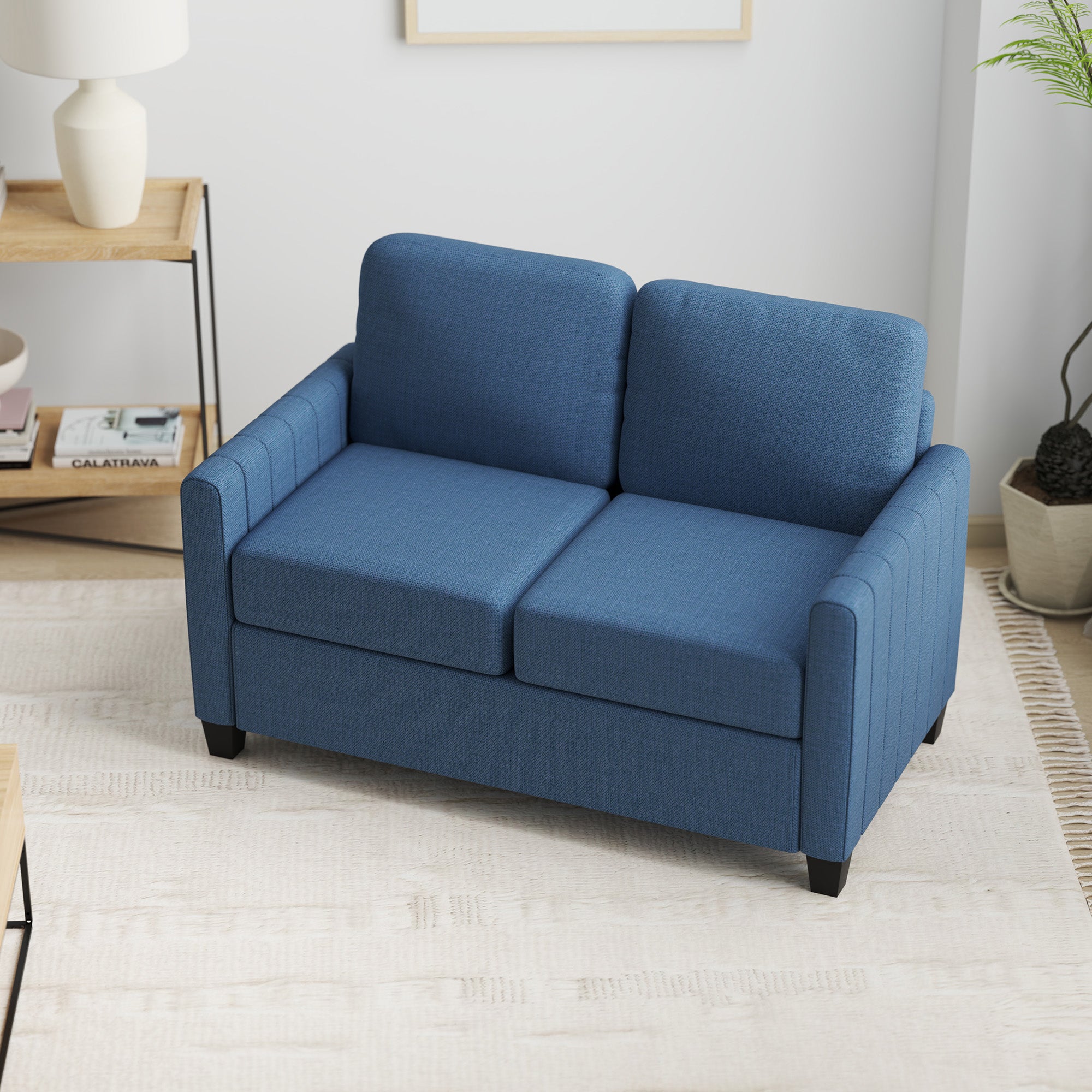 HOMCOM 2 Seater Sofa, Channel Tufted Modern Fabric Couch, Comfy Upholstered Small Sofa Loveseat with Spring Cushion, Back Pillow, for Living Room, Bedroom, Office, Blue