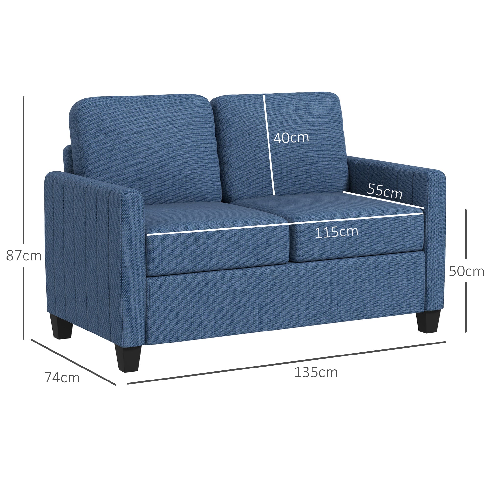 HOMCOM 2 Seater Sofa, Channel Tufted Modern Fabric Couch, Comfy Upholstered Small Sofa Loveseat with Spring Cushion, Back Pillow, for Living Room, Bedroom, Office, Blue