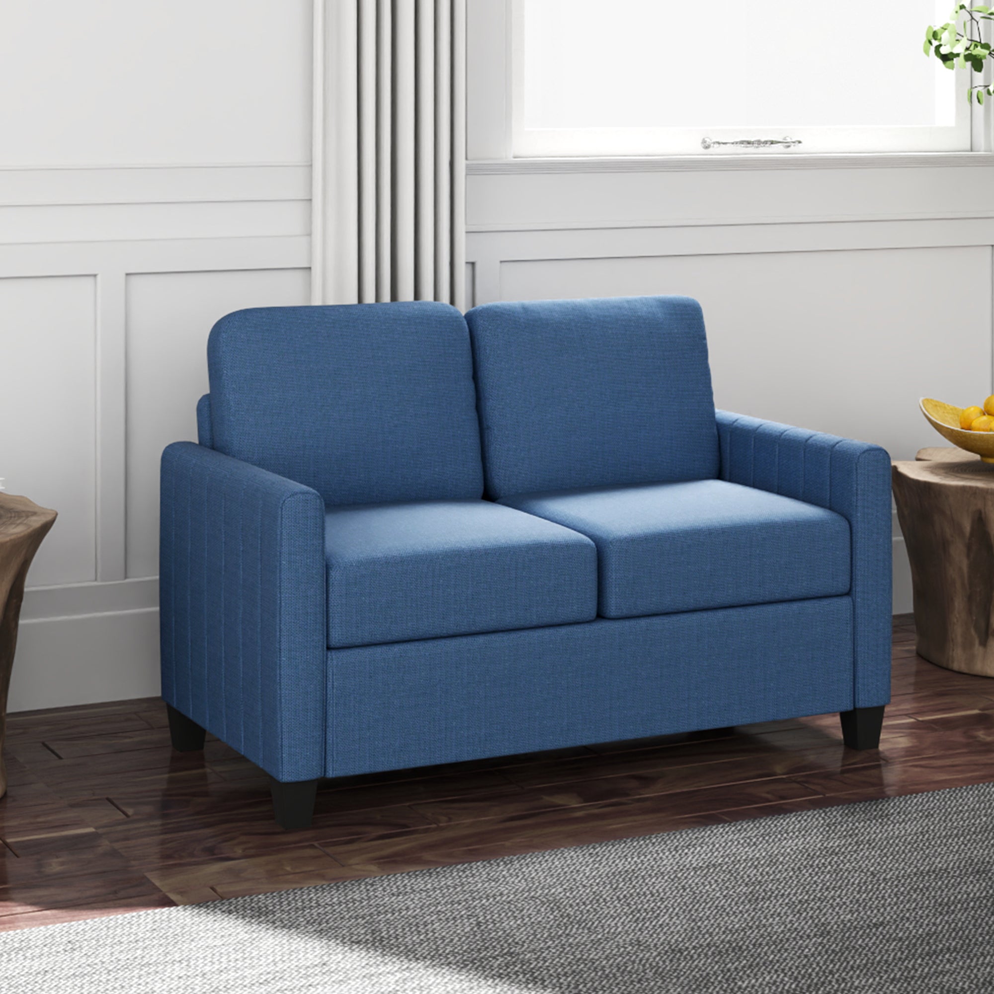 HOMCOM 2 Seater Sofa, Channel Tufted Modern Fabric Couch, Comfy Upholstered Small Sofa Loveseat with Spring Cushion, Back Pillow, for Living Room, Bedroom, Office, Blue