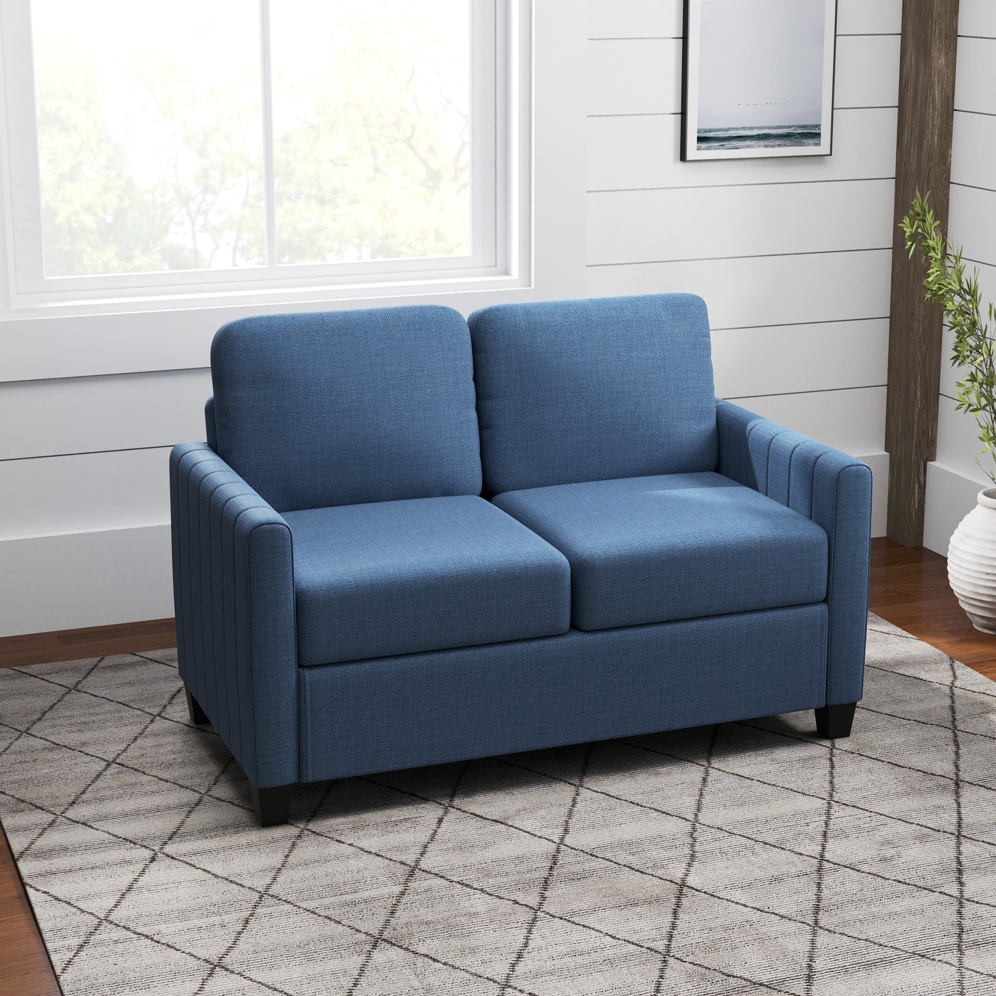 HOMCOM 2 Seater Sofa, Channel Tufted Modern Fabric Couch, Comfy Upholstered Small Sofa Loveseat with Spring Cushion, Back Pillow, for Living Room, Bedroom, Office, Blue