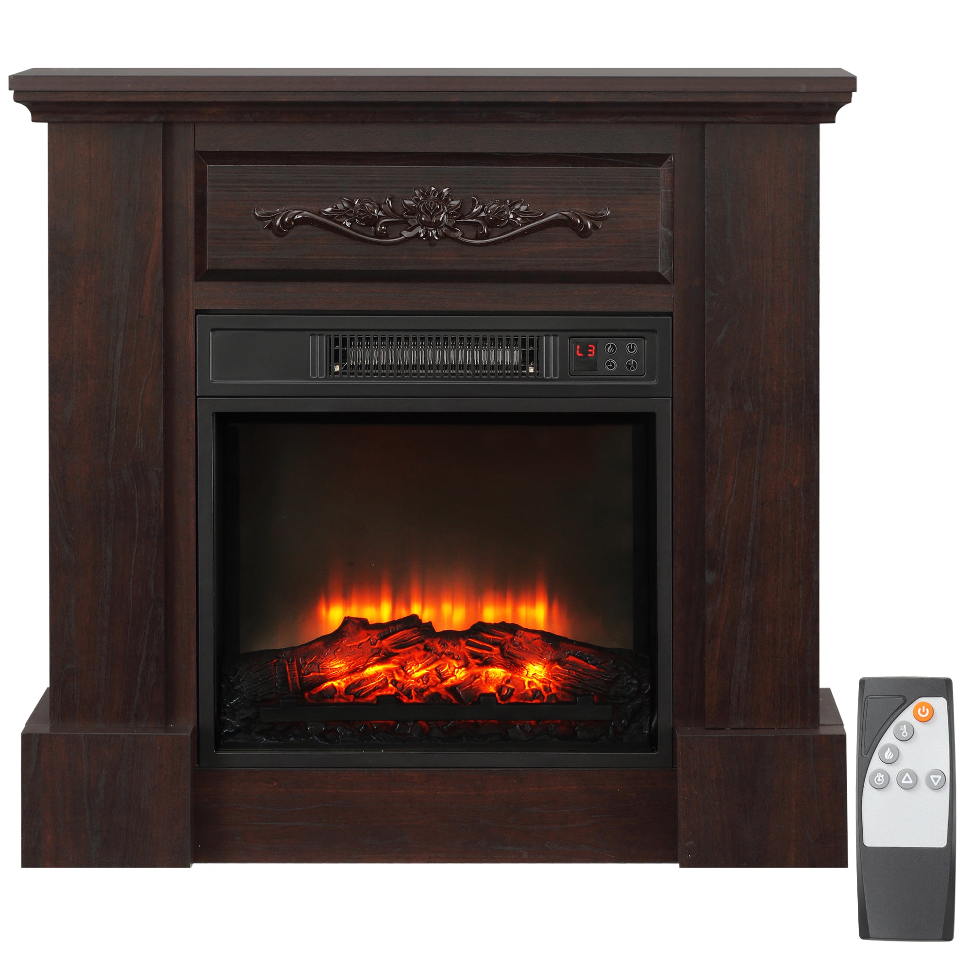 HOMCOM 32" Electric Fireplace Heater with Mantel, Freestanding Fireplace Stove with Log Hearth, Adjustable Realistic Flame and Remote Control, 1400W, Brown