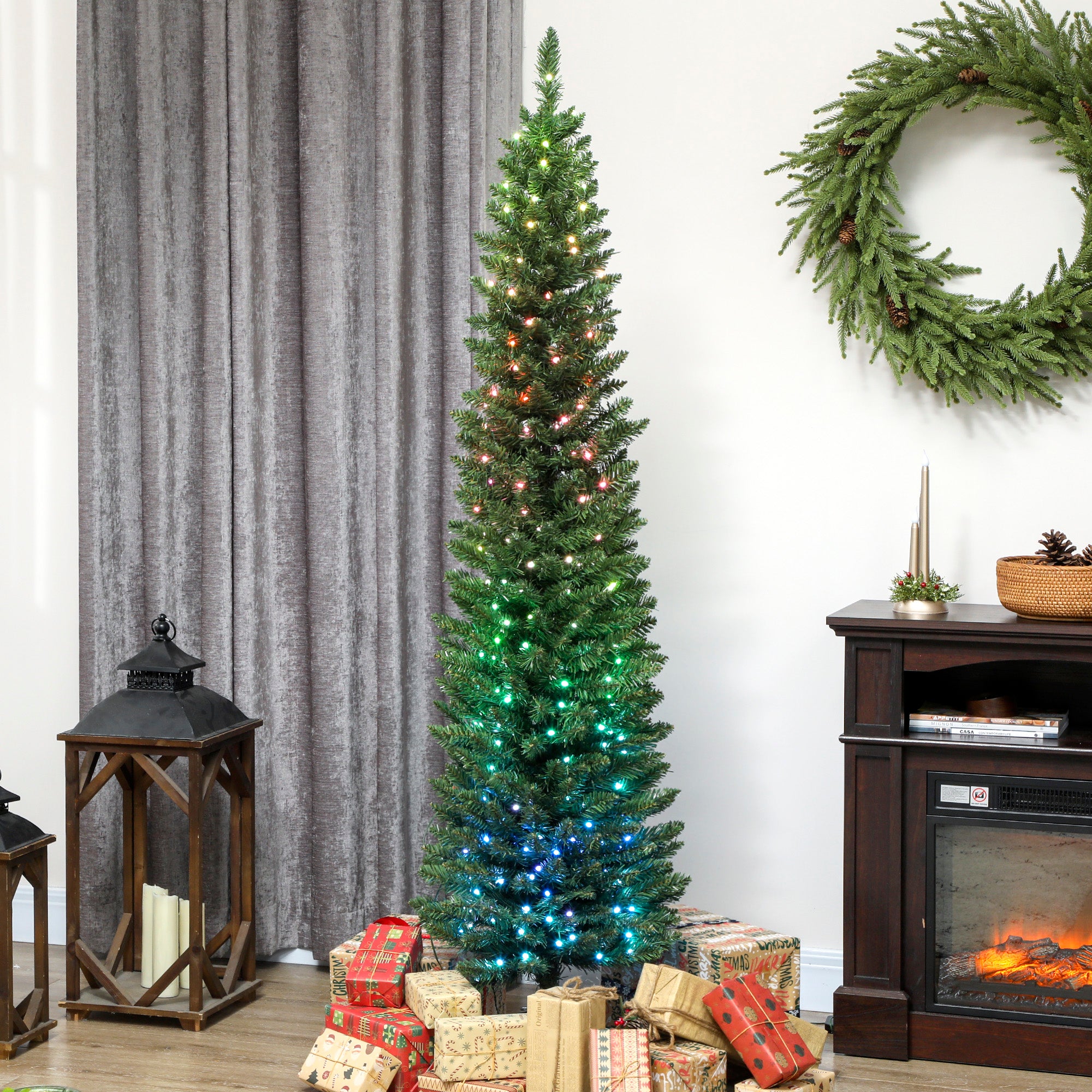 6ft Prelit Christmas Tree with Colourful DIY Synchronized LED Lights, Hinged Pencil Xmas Tree with Remote, 12 Modes, Daily Timer, Adjustable Brightness and Speed, Green