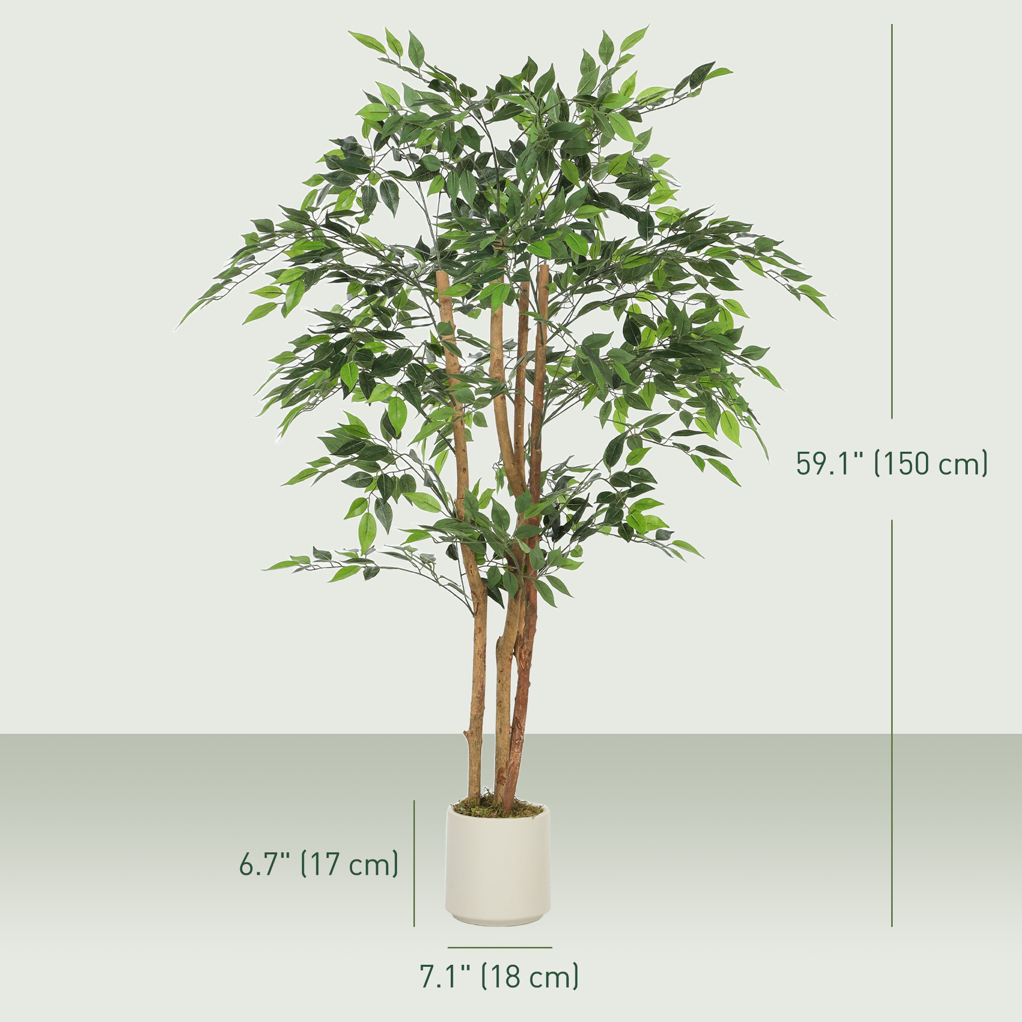 5FT Artificial Ficus Tree Set of 2, Lifelike Fake Plant with Solid Wood Trunk and Pot, Faux Ficus Tree for Indoor Living Room Home Office Decor, Green