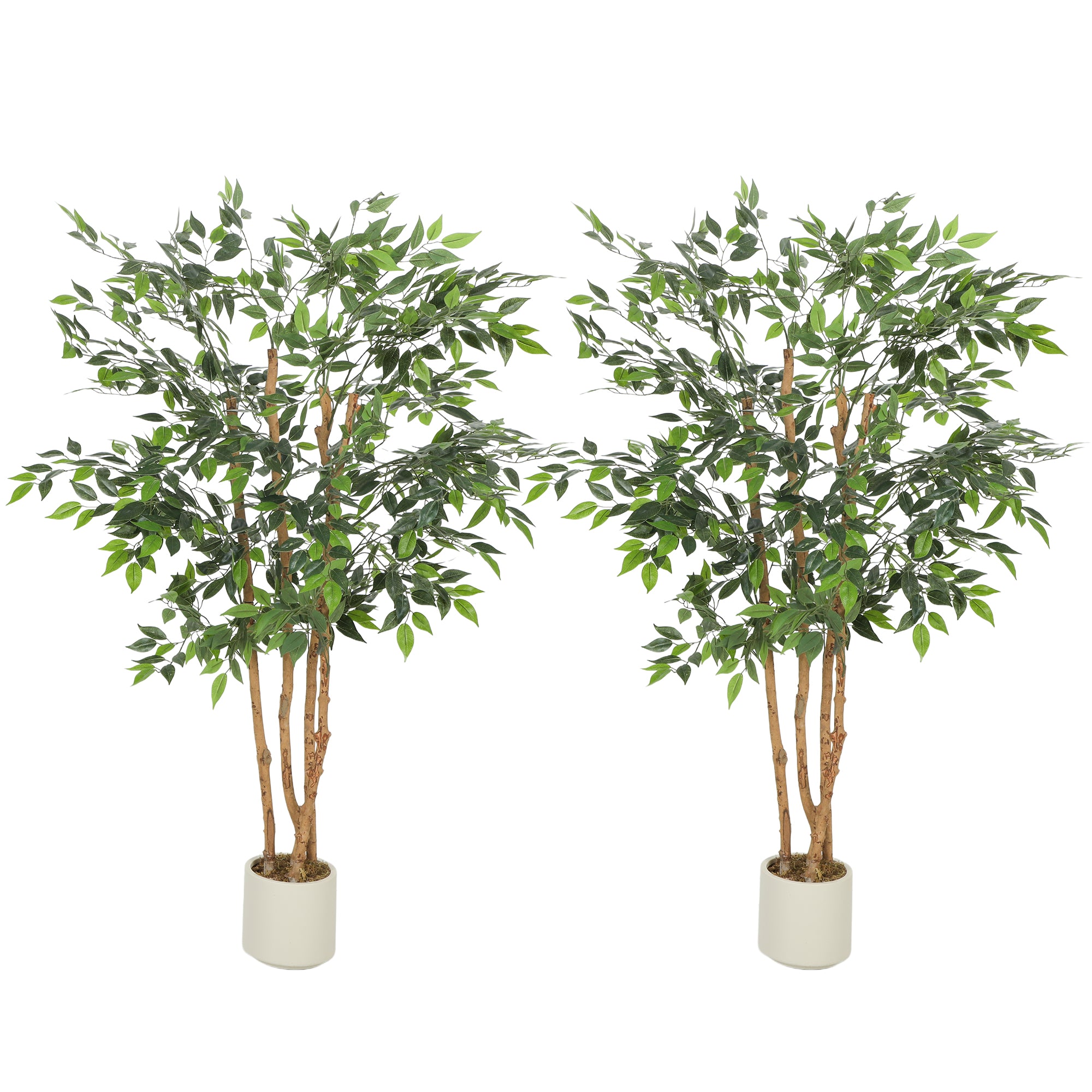 5FT Artificial Ficus Tree Set of 2, Lifelike Fake Plant with Solid Wood Trunk and Pot, Faux Ficus Tree for Indoor Living Room Home Office Decor, Green