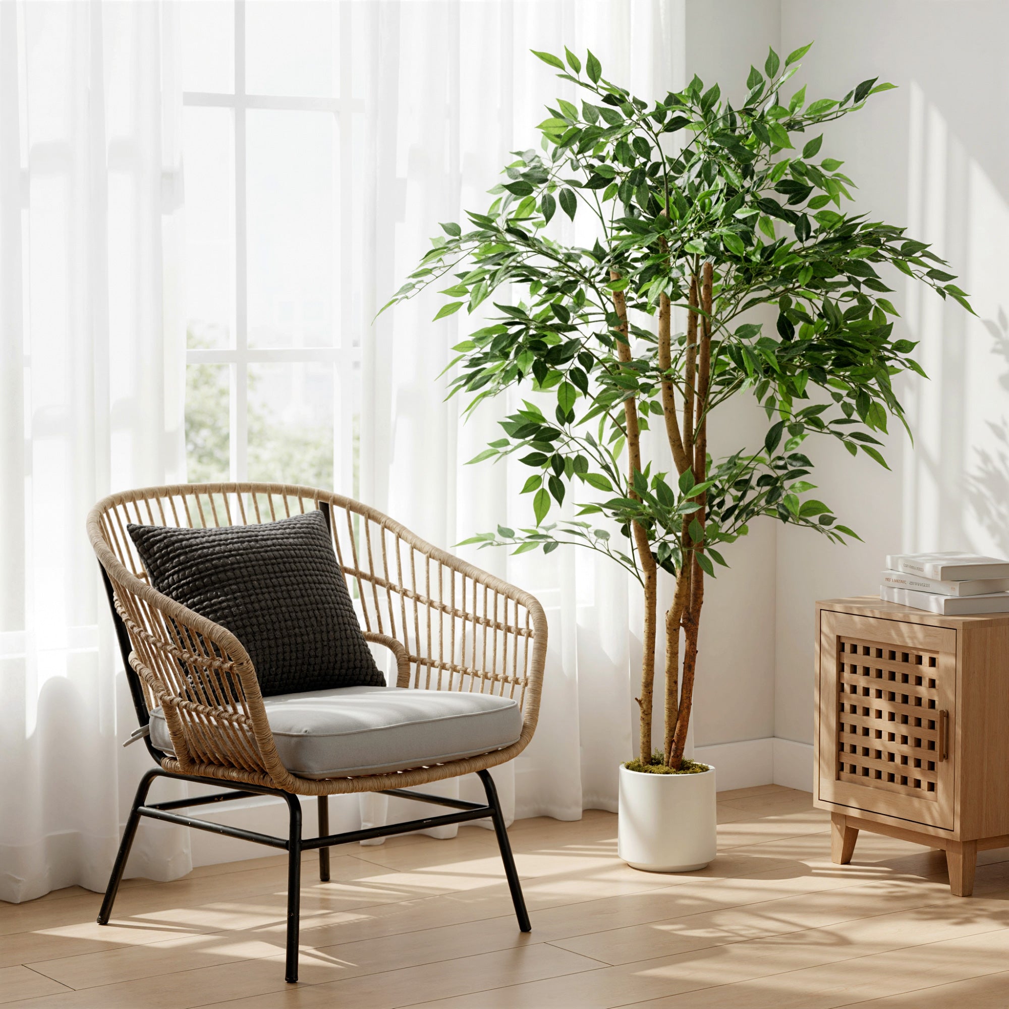 5FT Artificial Ficus Tree Set of 2, Lifelike Fake Plant with Solid Wood Trunk and Pot, Faux Ficus Tree for Indoor Living Room Home Office Decor, Green