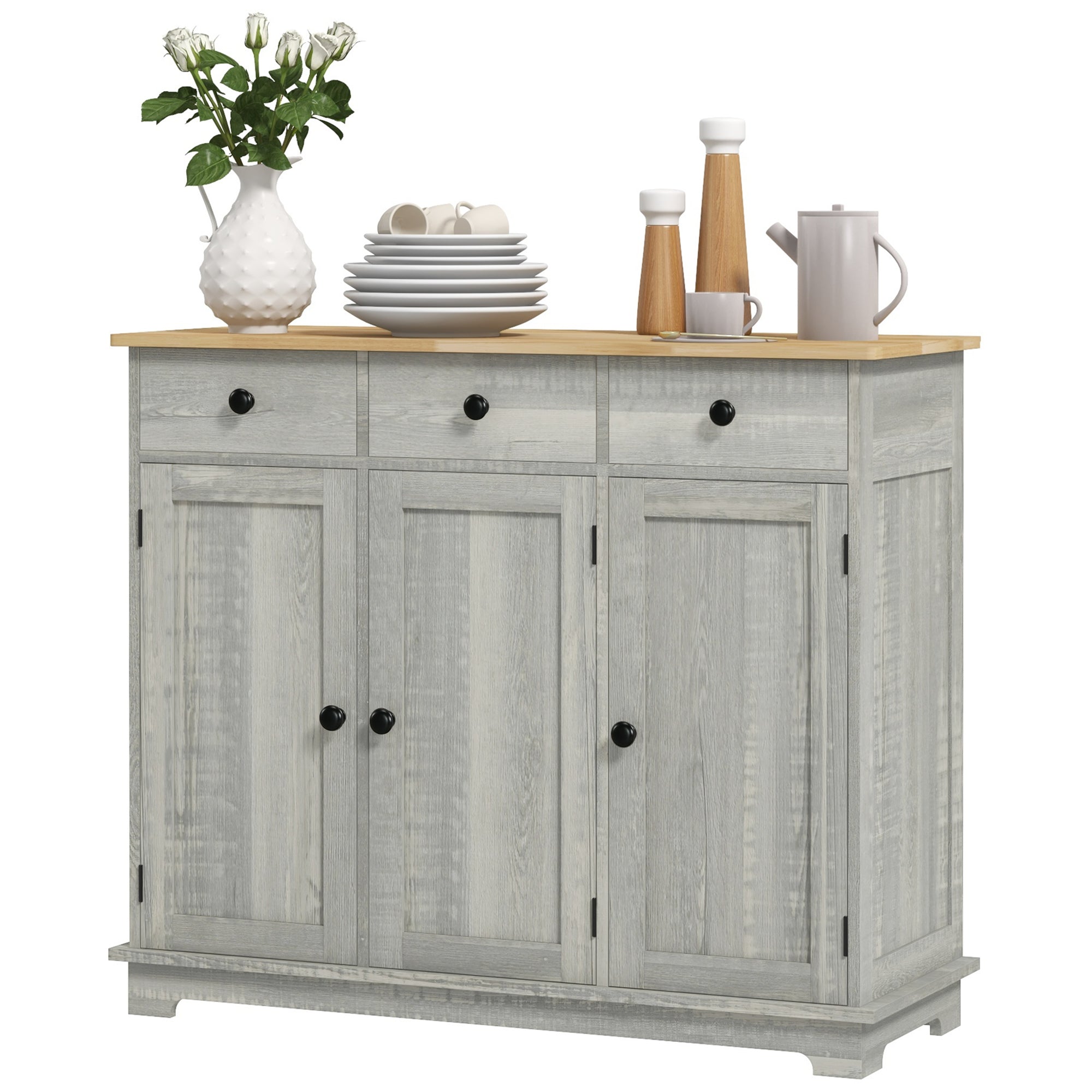 Sideboard Floor Cupboard, Solid Wood Top, Adjustable Shelf & 3 Drawers, Light Gray