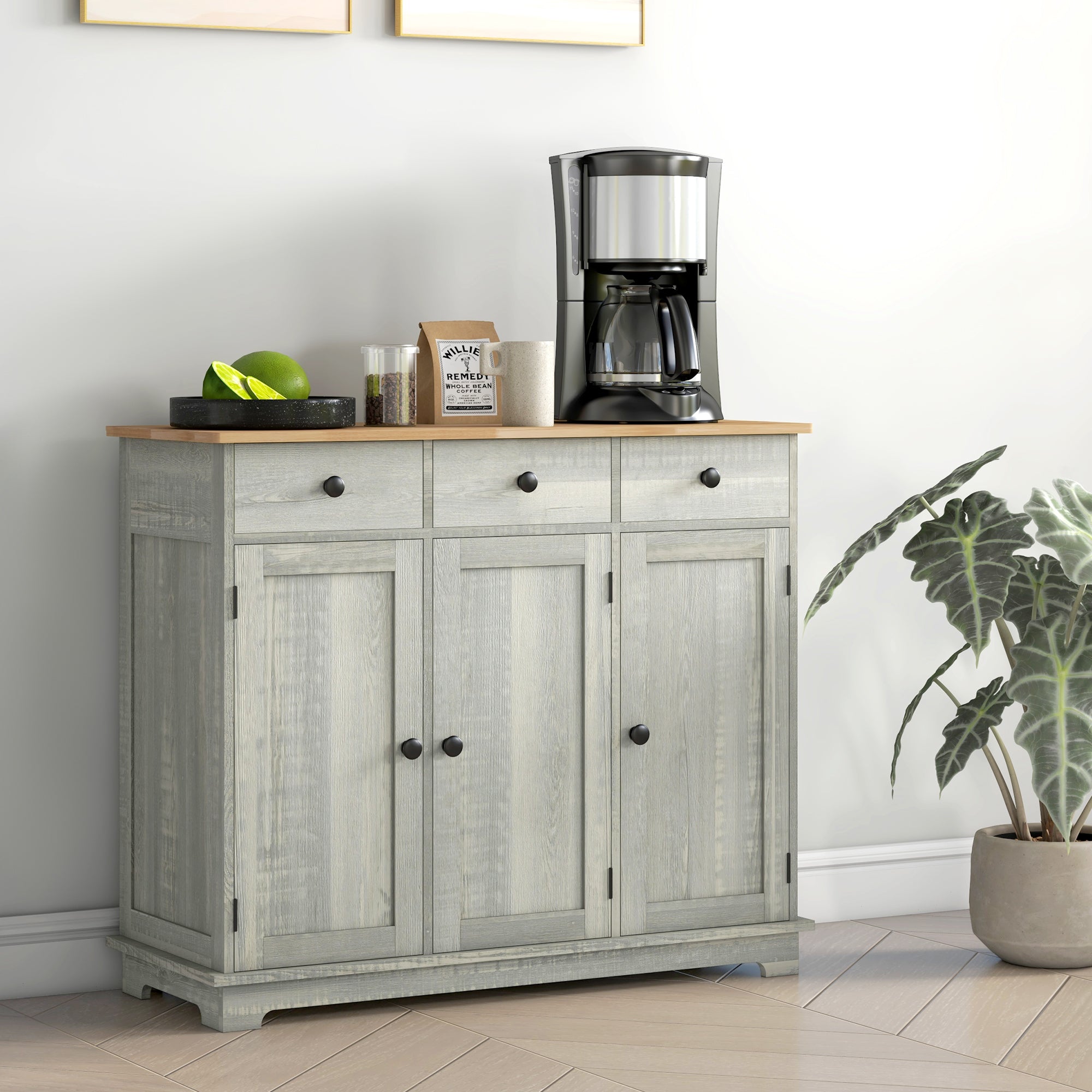 Sideboard Floor Cupboard, Solid Wood Top, Adjustable Shelf & 3 Drawers, Light Gray
