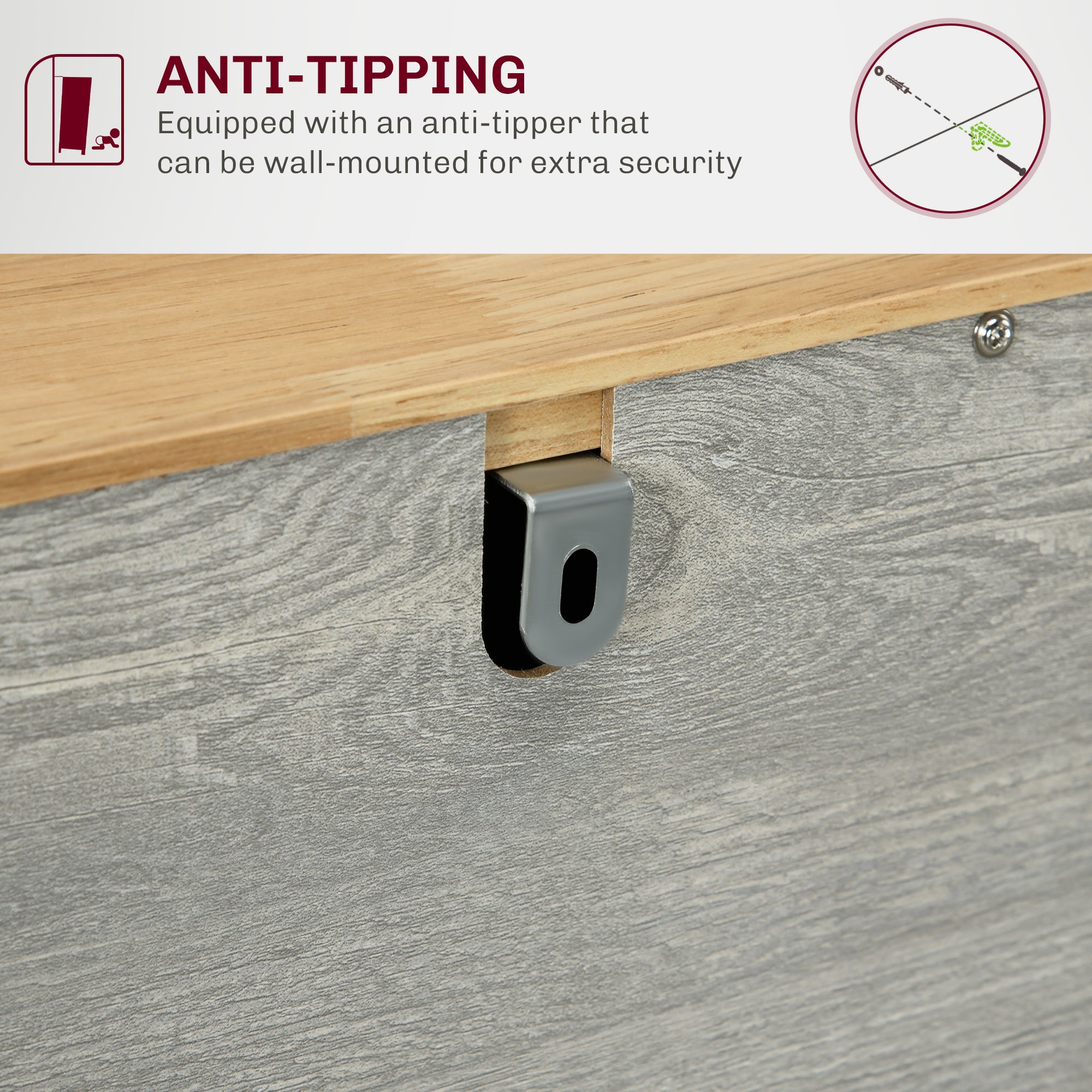 Sideboard Floor Cupboard, Solid Wood Top, Adjustable Shelf & 3 Drawers, Light Gray