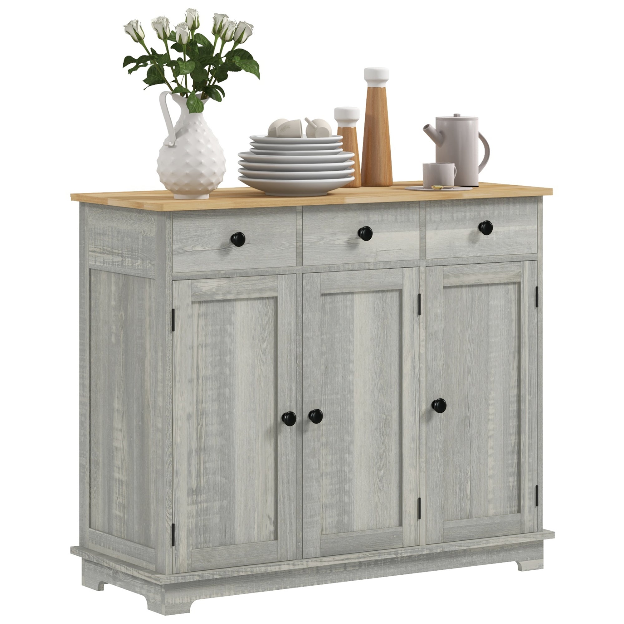 Sideboard Floor Cupboard, Solid Wood Top, Adjustable Shelf & 3 Drawers, Light Gray
