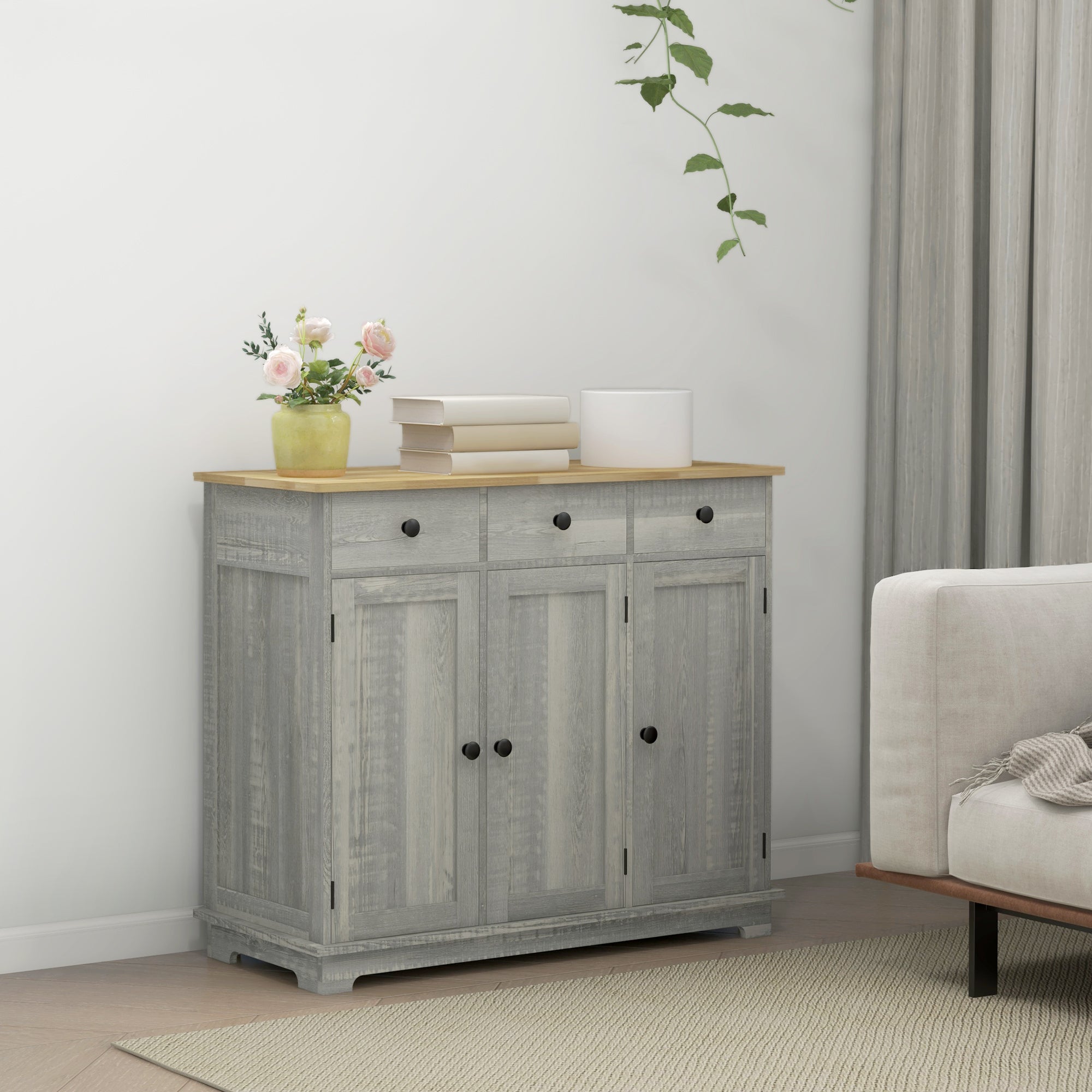 Sideboard Floor Cupboard, Solid Wood Top, Adjustable Shelf & 3 Drawers, Light Gray