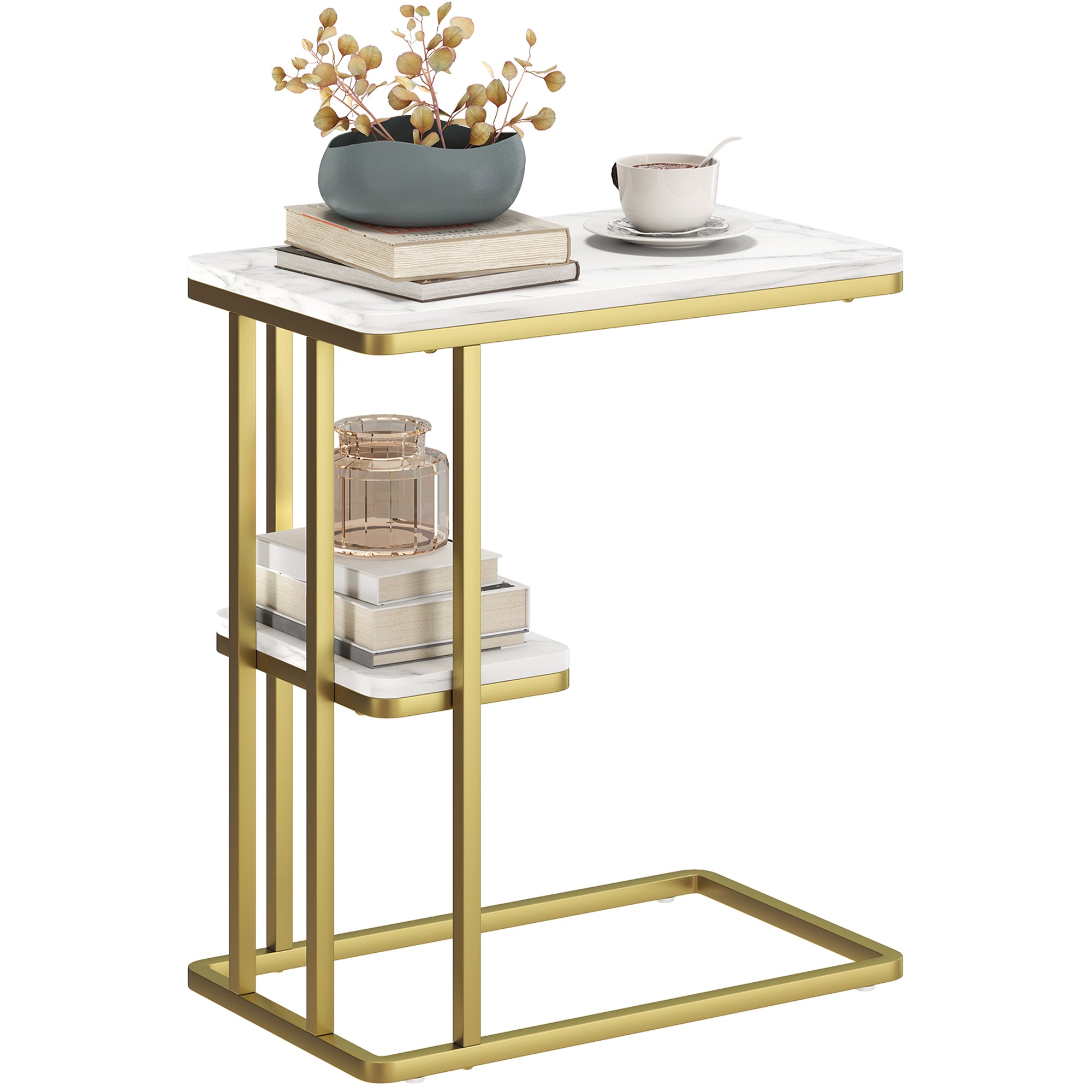 C-Shaped Narrow Side Table, 2-Tier Slim End Table with Storage Shelf, Modern Nightstand for Small Spaces, Living Room, Bedroom, 50 x 30 x 57.5 cm, White Marble Grain