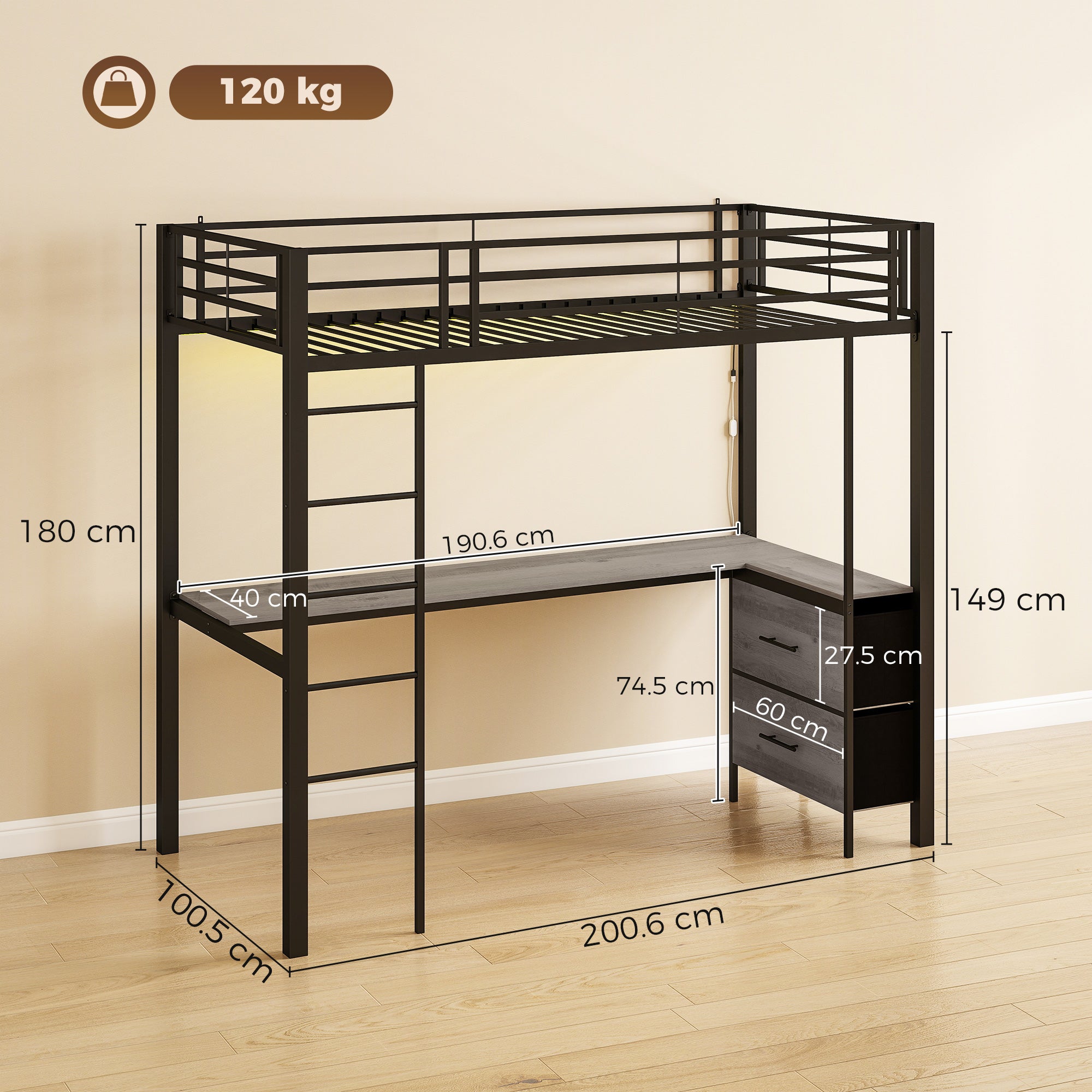Metal Bunk Bed with Desk, High Sleeper Bed with LED Light and Safety Guardrail, Space-Saving Bedroom Dormitory Single Loft Frame for Teens Adults, No Box Spring Needed, Black
