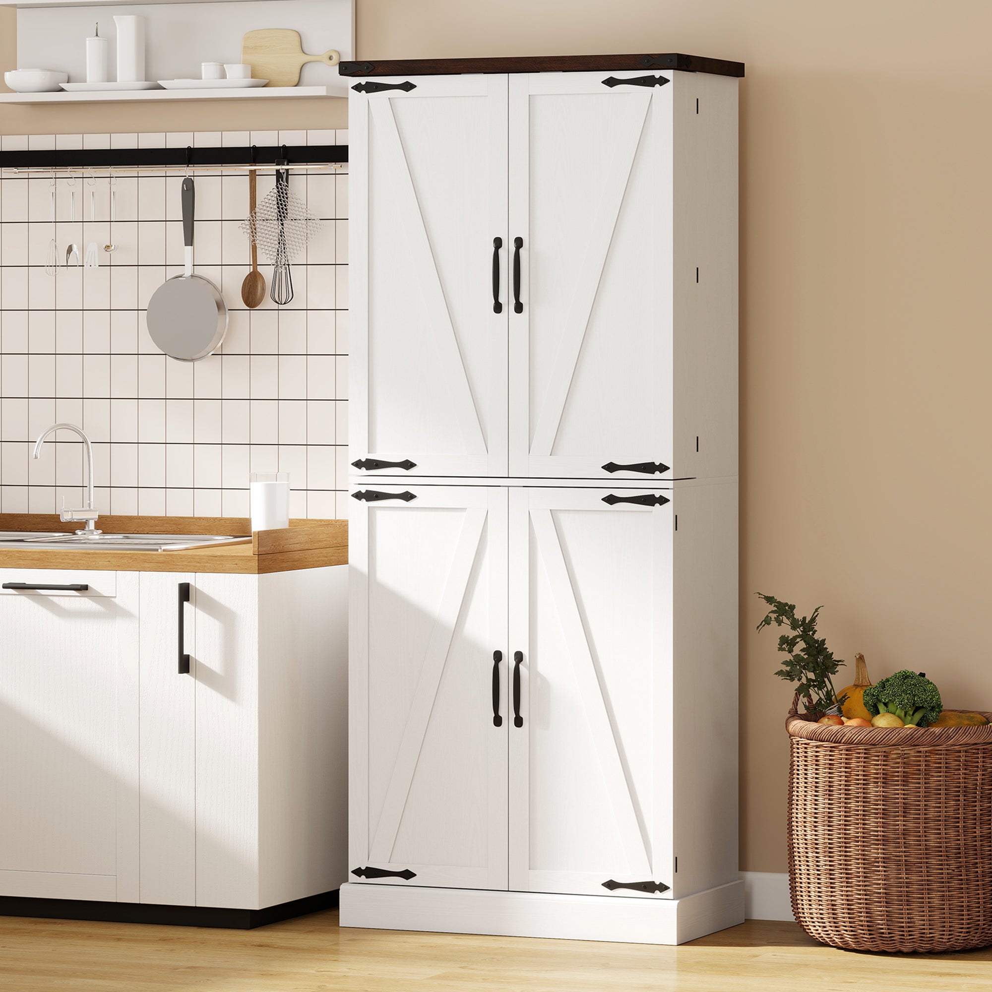 72" Tall Kitchen Pantry Cabinet, Farmhouse Storage Cabinet with 8 Door Racks and Drawer, Freestanding Food Pantry with Adjustable Shelves and Barn Doors, White