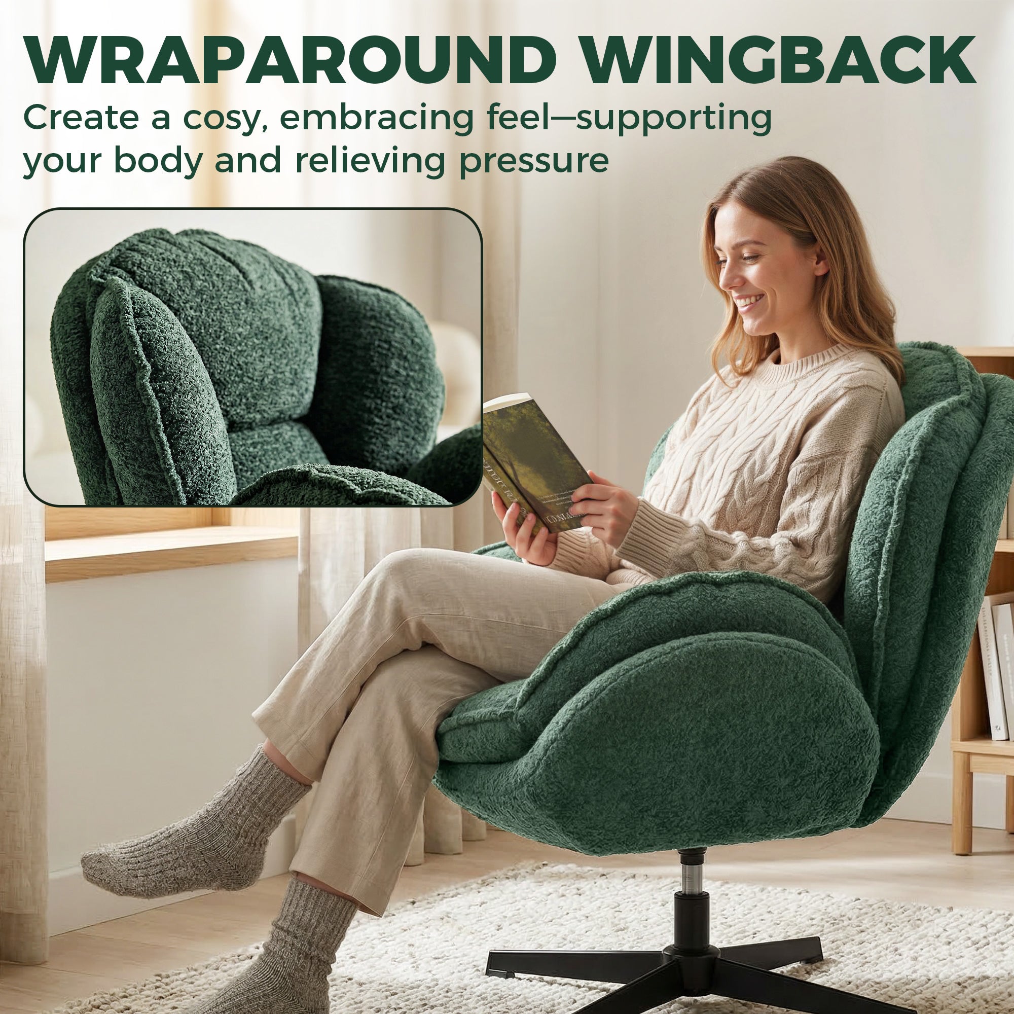 Modern Wingback Accent Chair, Velvet Armchair with 360° Swivel, Four-Star Base, S-Springs, Bedroom Chair for Living Room, Bedroom, Study, Dark Green