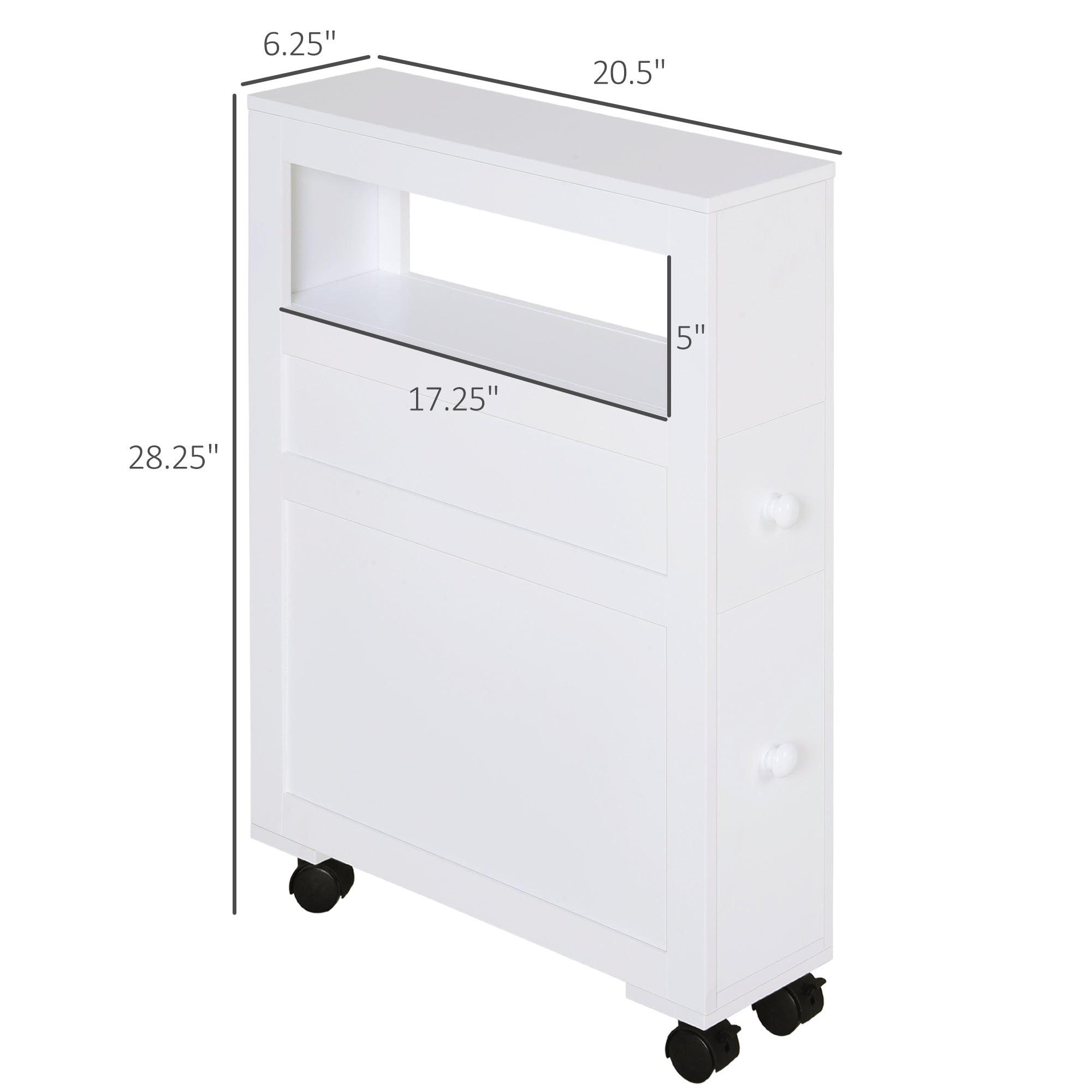 Wooden Rolling Narrow Bathroom Storage Side Cabinet w/ Slide-Out Shelf, White - HOMCOM